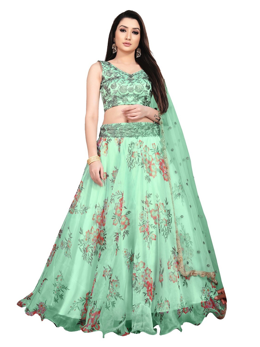 

Fashionuma Green & Rose Gold Embroidered Sequinned Ready to Wear Lehenga & Unstitched Blouse With Dupatta