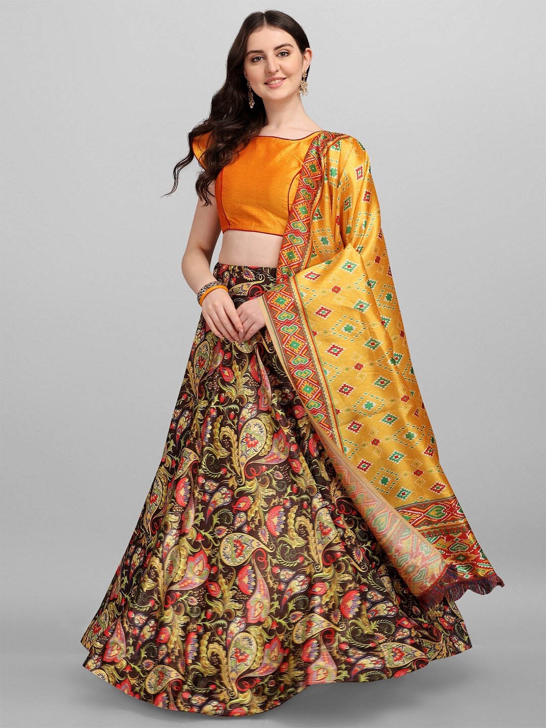 

Fashionuma Red & Yellow Ready to Wear Lehenga & Unstitched Blouse With Dupatta