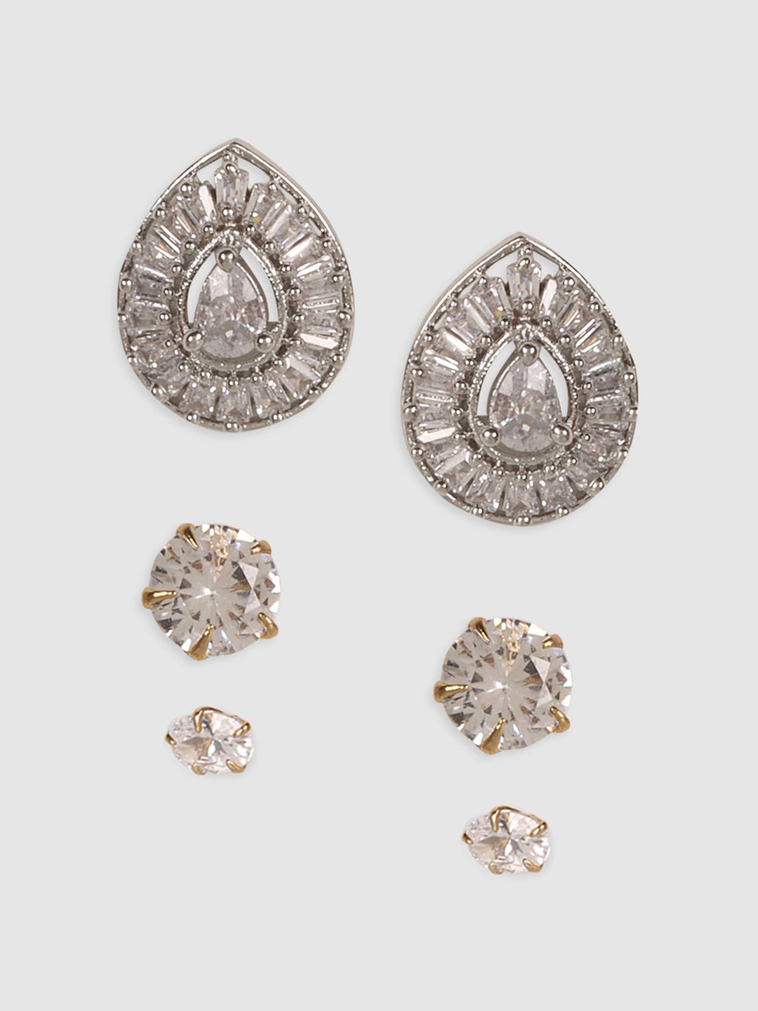 

JEWELS GEHNA Set of 3 Silver-Toned Gold-Plated CZ Studded Contemporary Studs Earrings