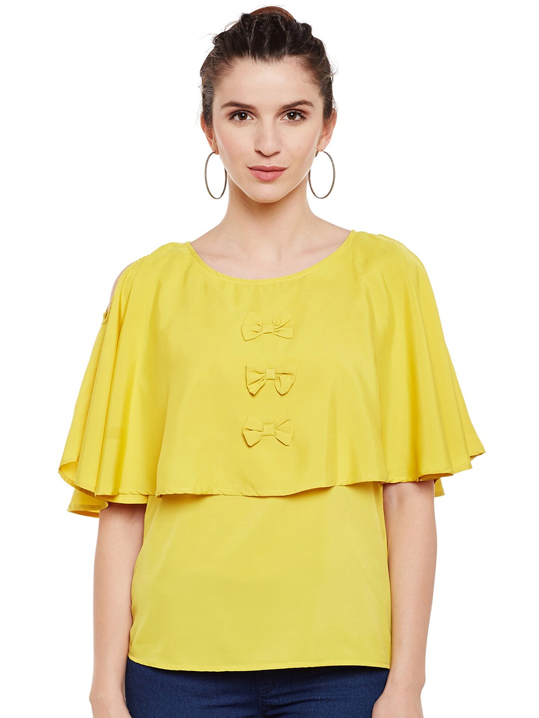 

Ruhaans Women Mustard Crepe Cold Shoulder Bow Top, Yellow