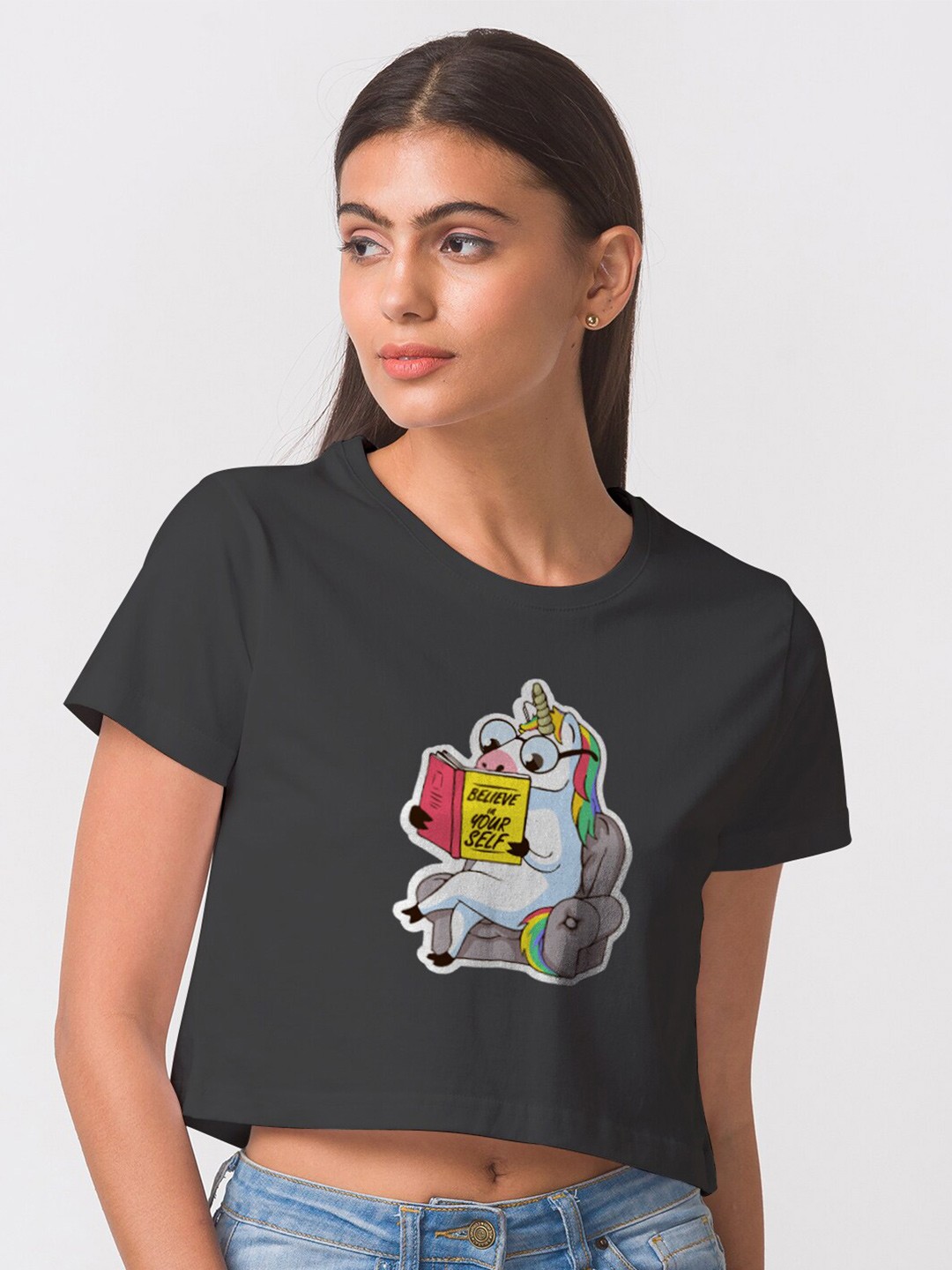 

FashionRack Women Black Printed Antimicrobial Applique Boxy T-shirt