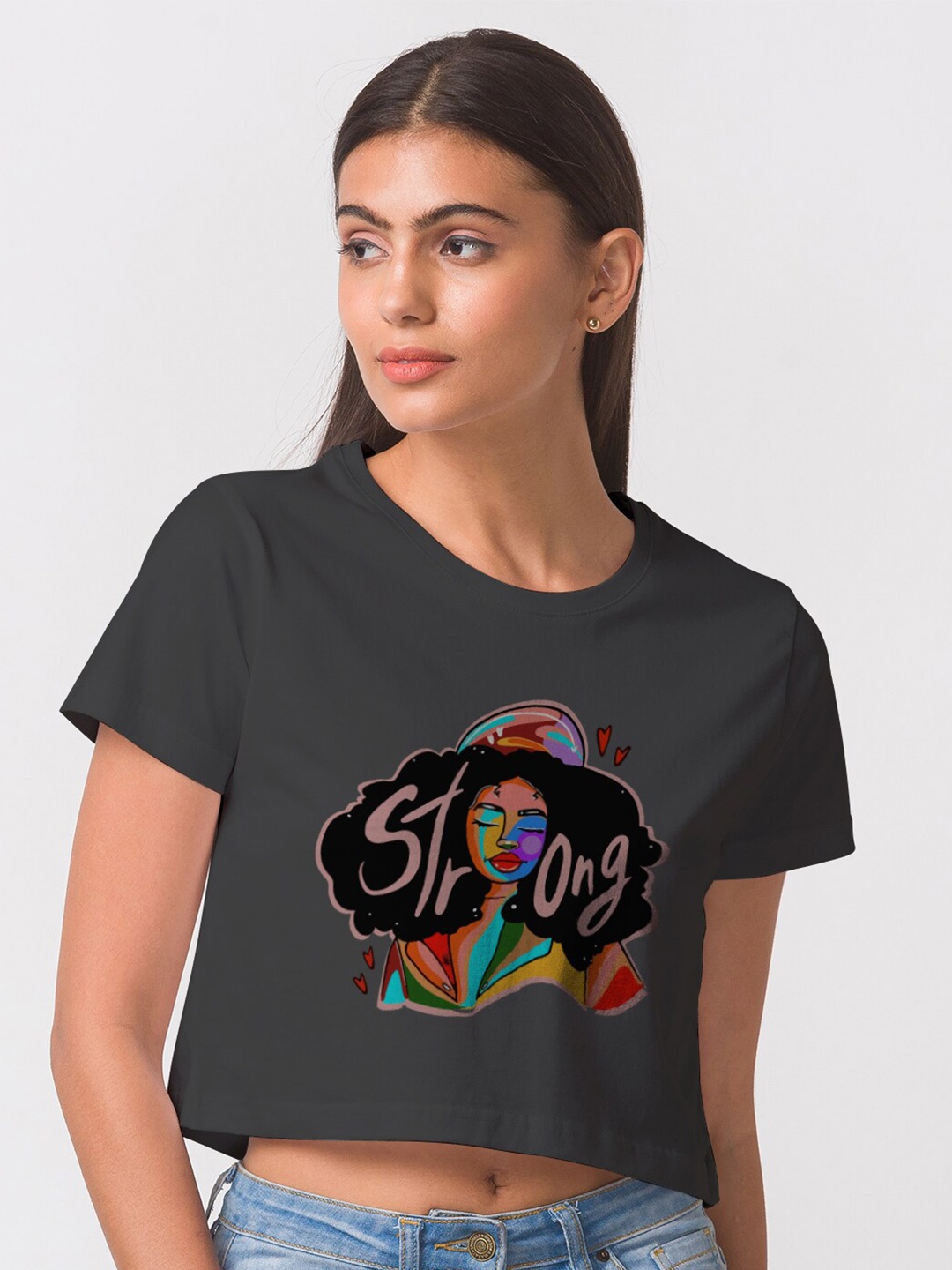 

FashionRack Women Black Printed Extended Sleeves Bio Finish Cotton Crop T-shirt