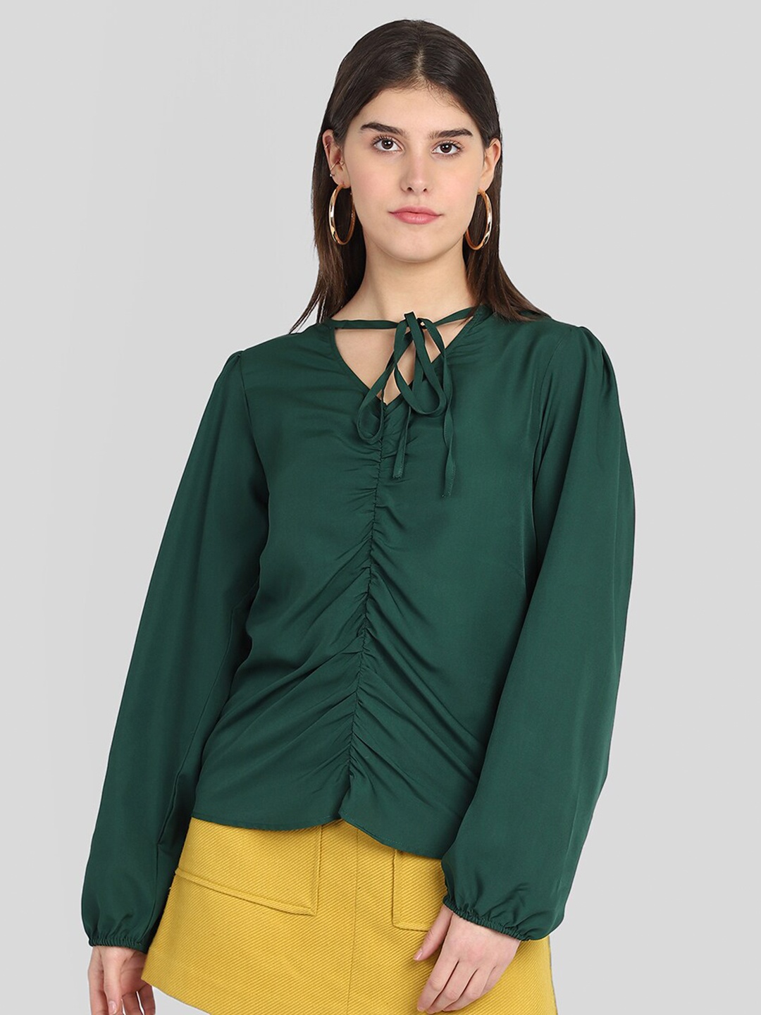 

Dracht Women Green Solid Tie-Up Neck Crepe Top