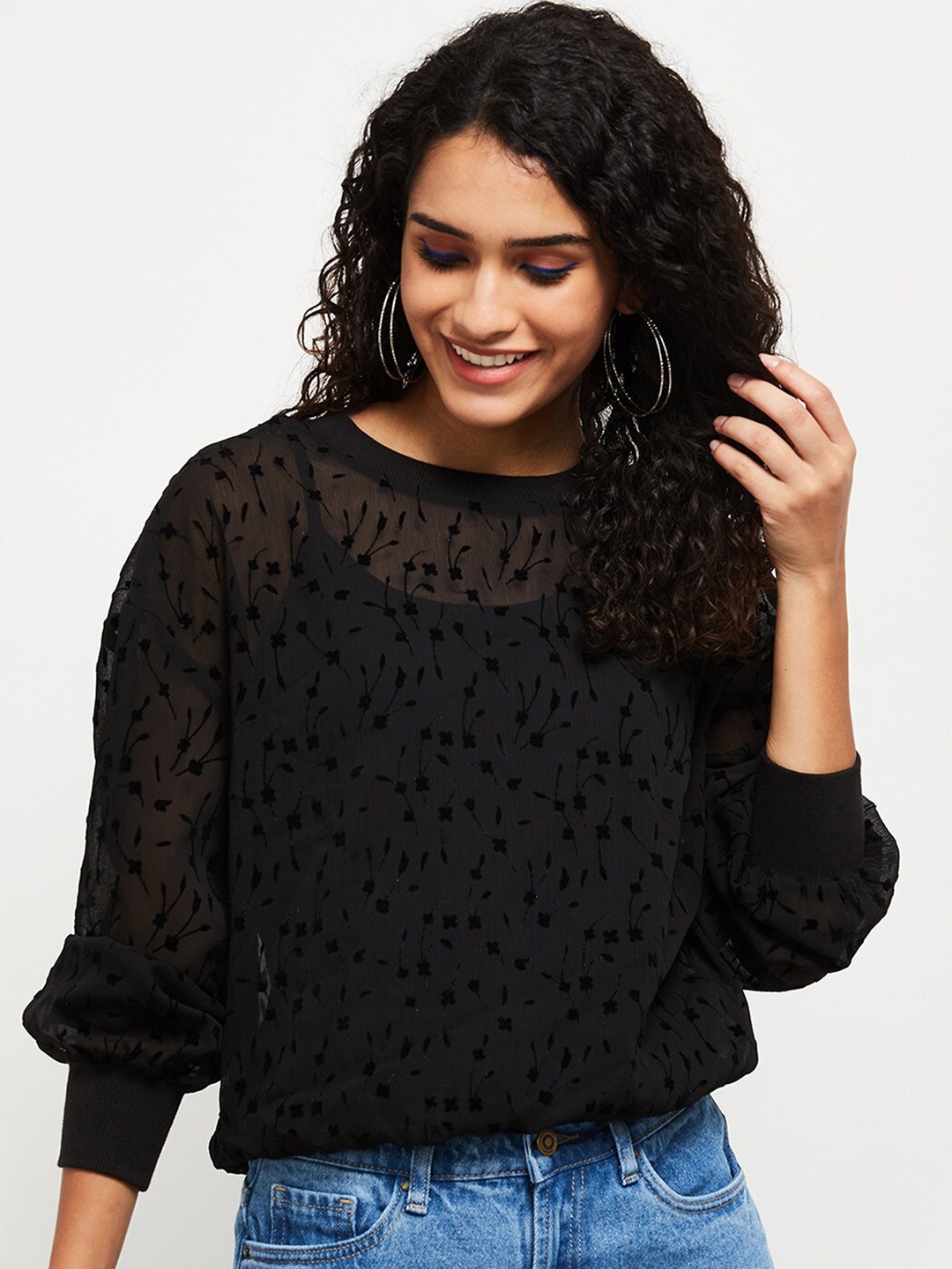 

max Women Black Cuffed Sleeve Polyester Blouson Top