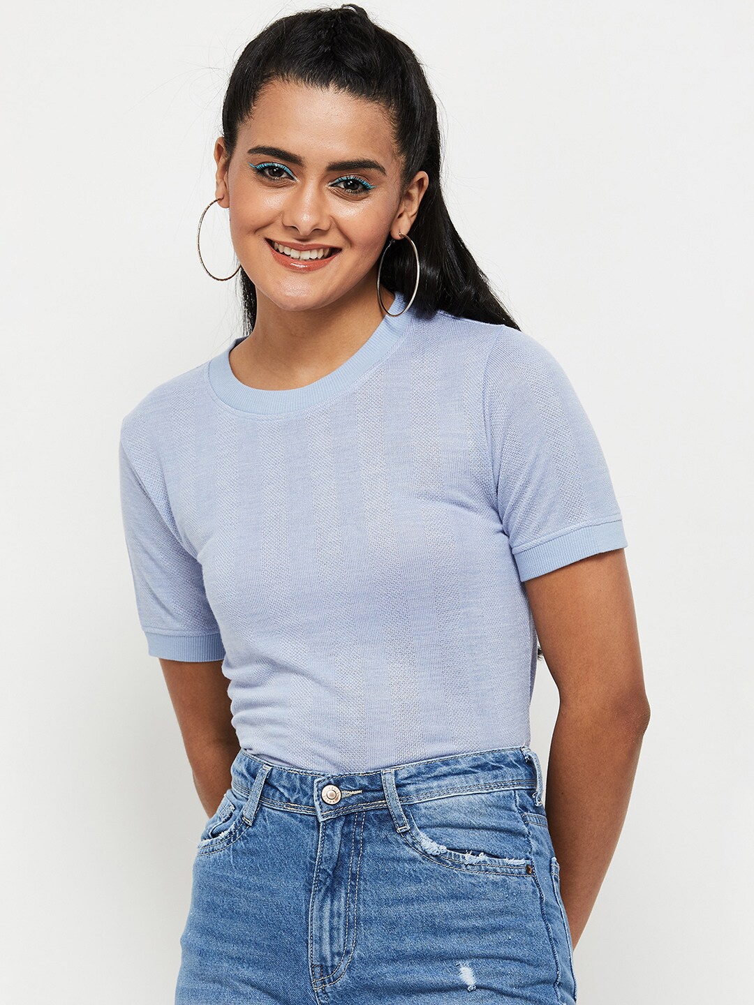 

max Women Blue Striped Pure Cotton T-shirt