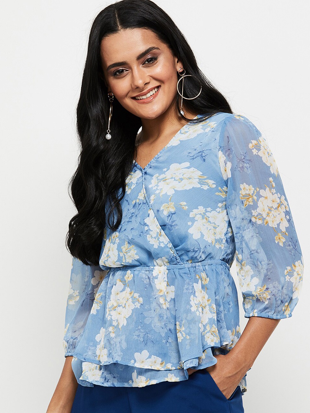 

max Blue Floral Print Wrap Top & Plus Size