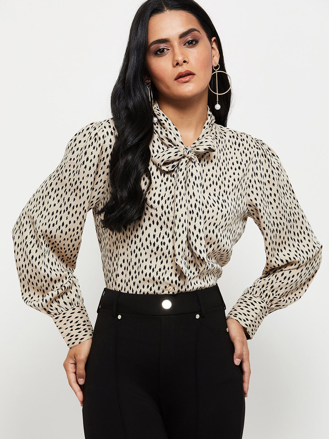 

max Beige Animal Print Tie-Up Neck Shirt Style Top