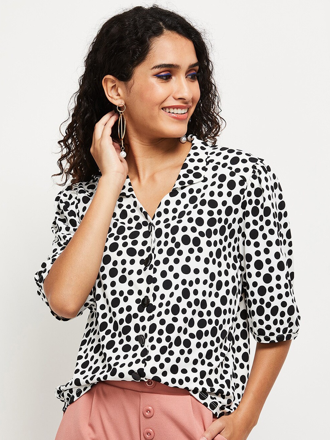

max Women White & Black Printed Shirt Style Top