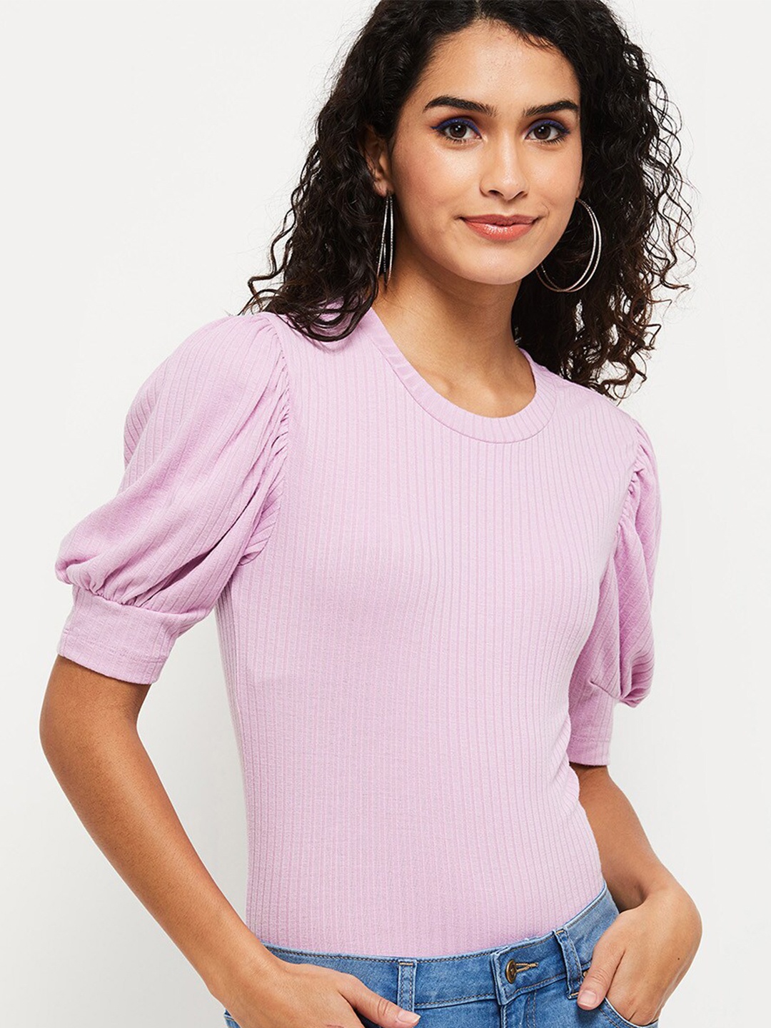

max Purple Solid Puffed Sleeves Top