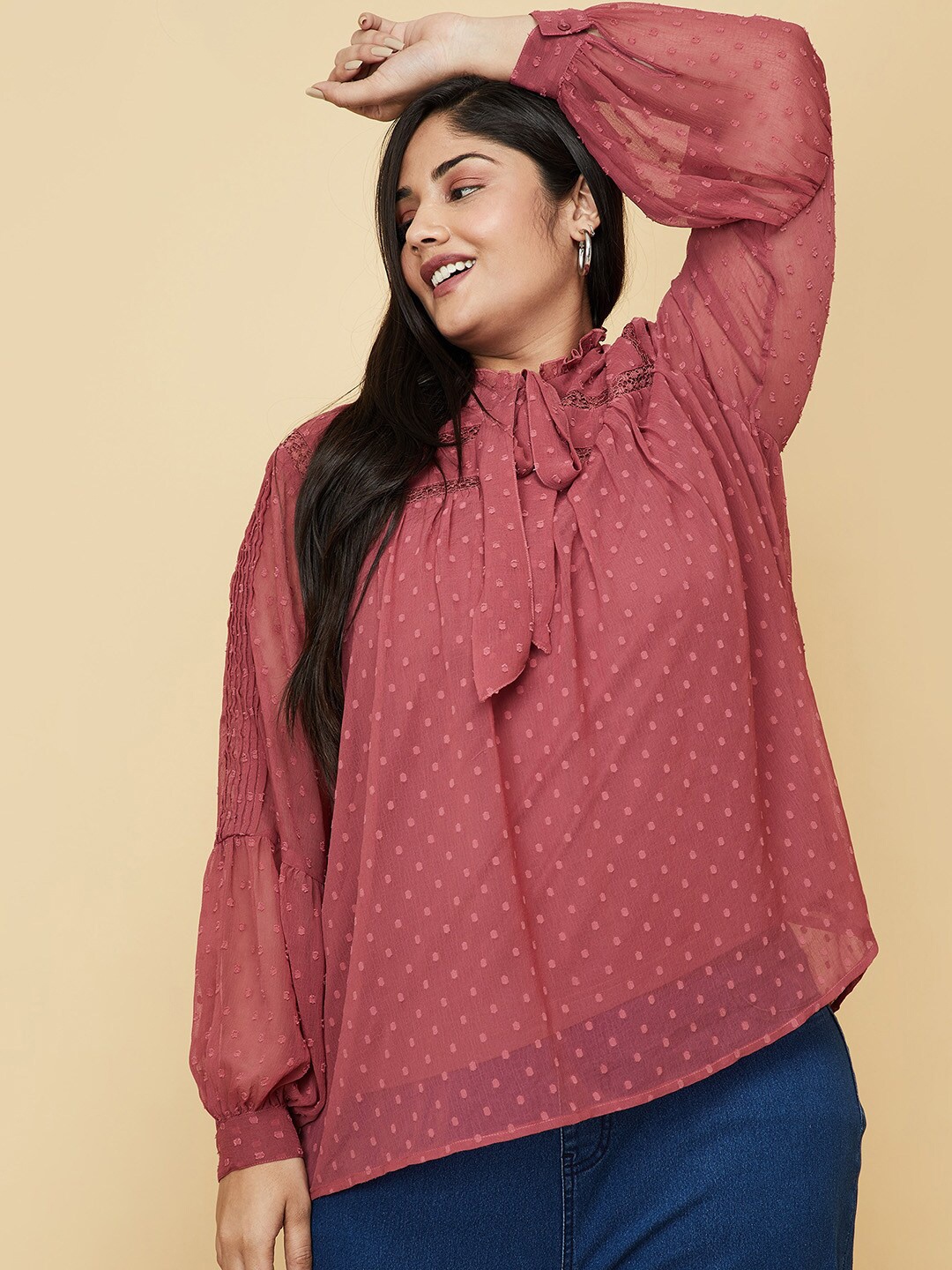 

max Plus Size Women Pink Print Tie-Up Neck Top