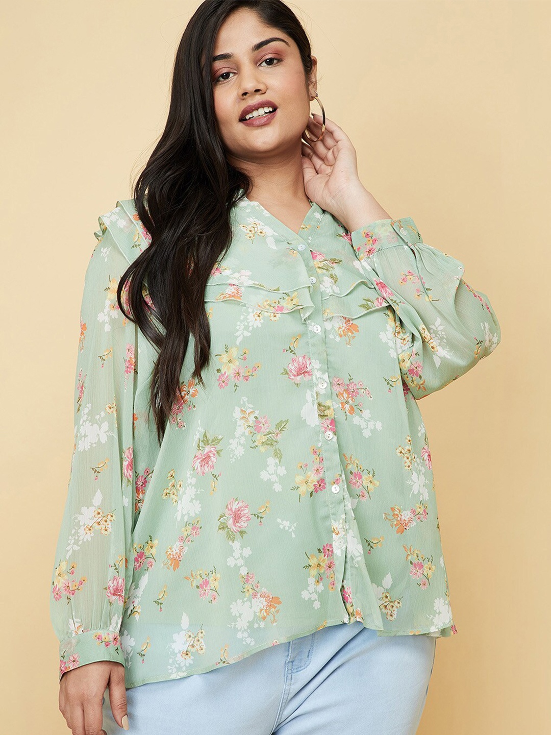 

max Women Plus Size Green Floral Print Mandarin Collar Ruffles Shirt Style Top