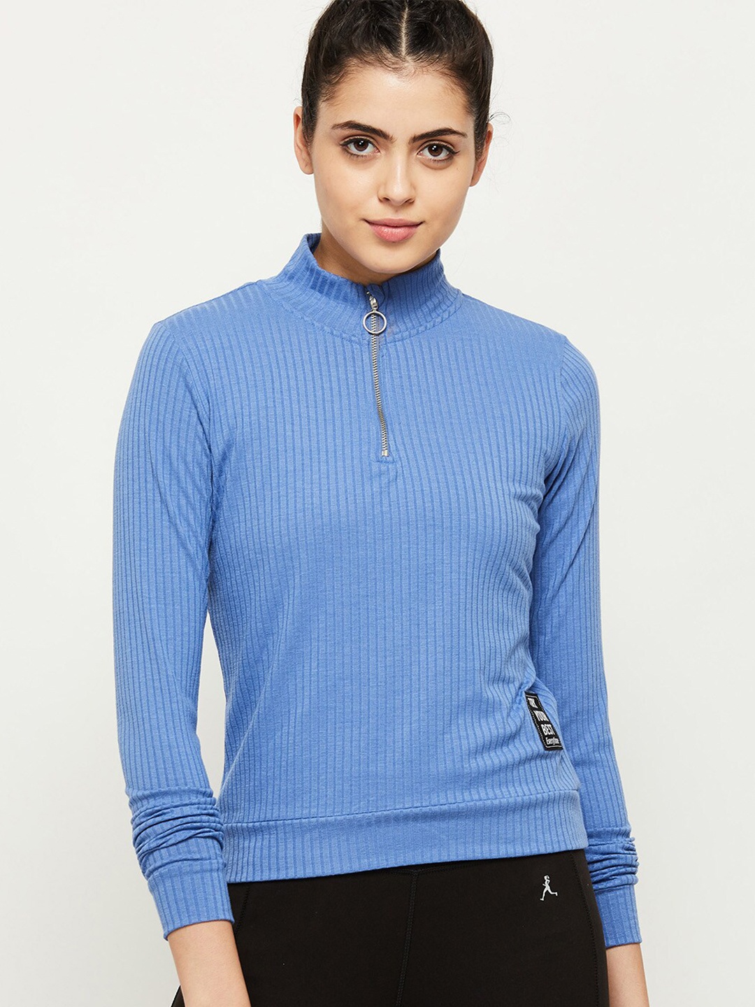 

max Blue Striped Mandarin Collar Top