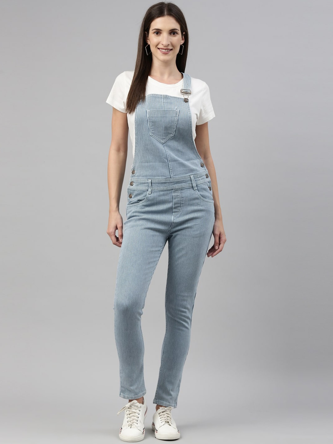 

Enviously Young Women Blue Striped Pure Cotton Slim Fit Dungarees