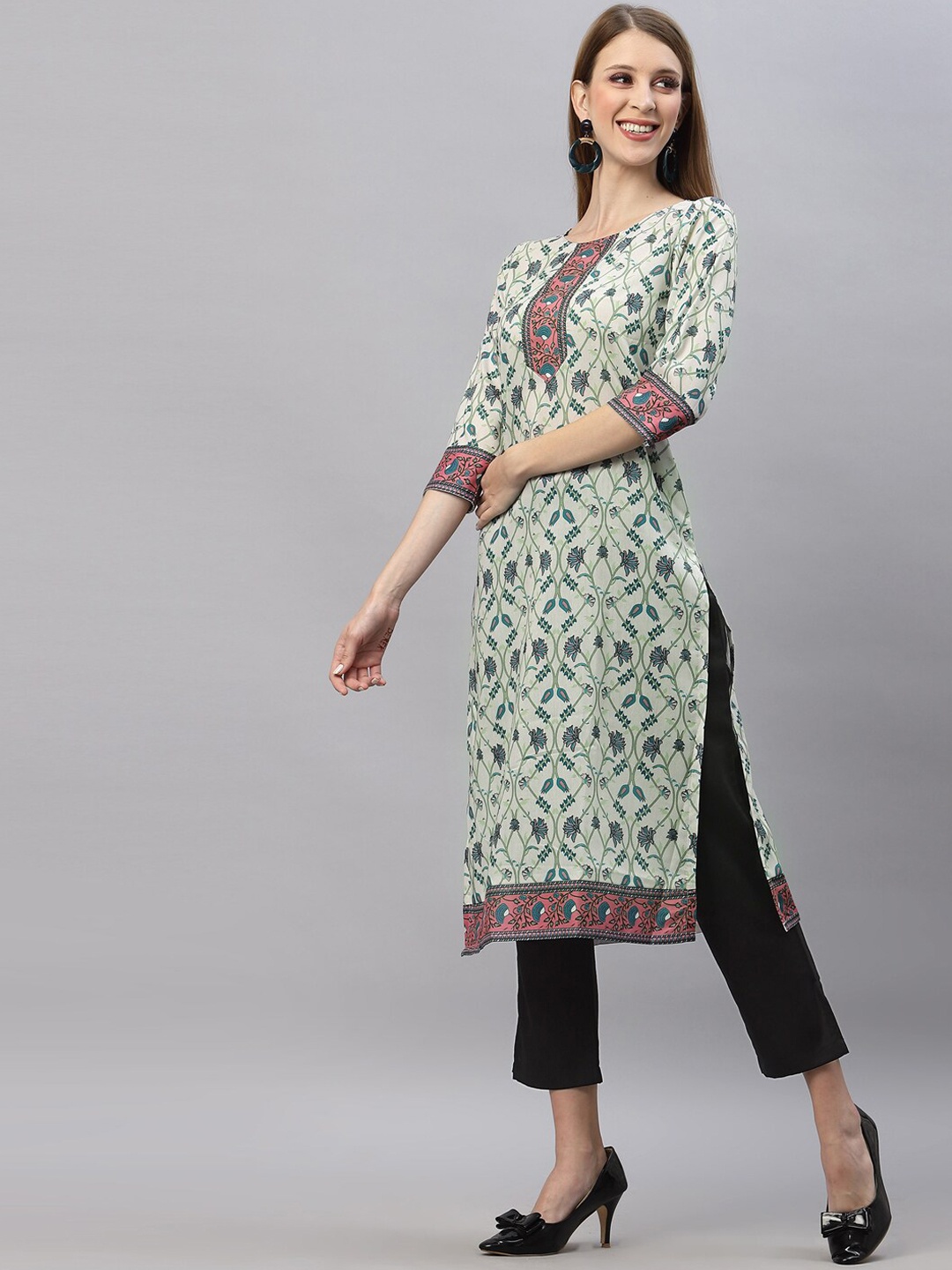 

KALINI Women White Cotton Silk Printed Kurta