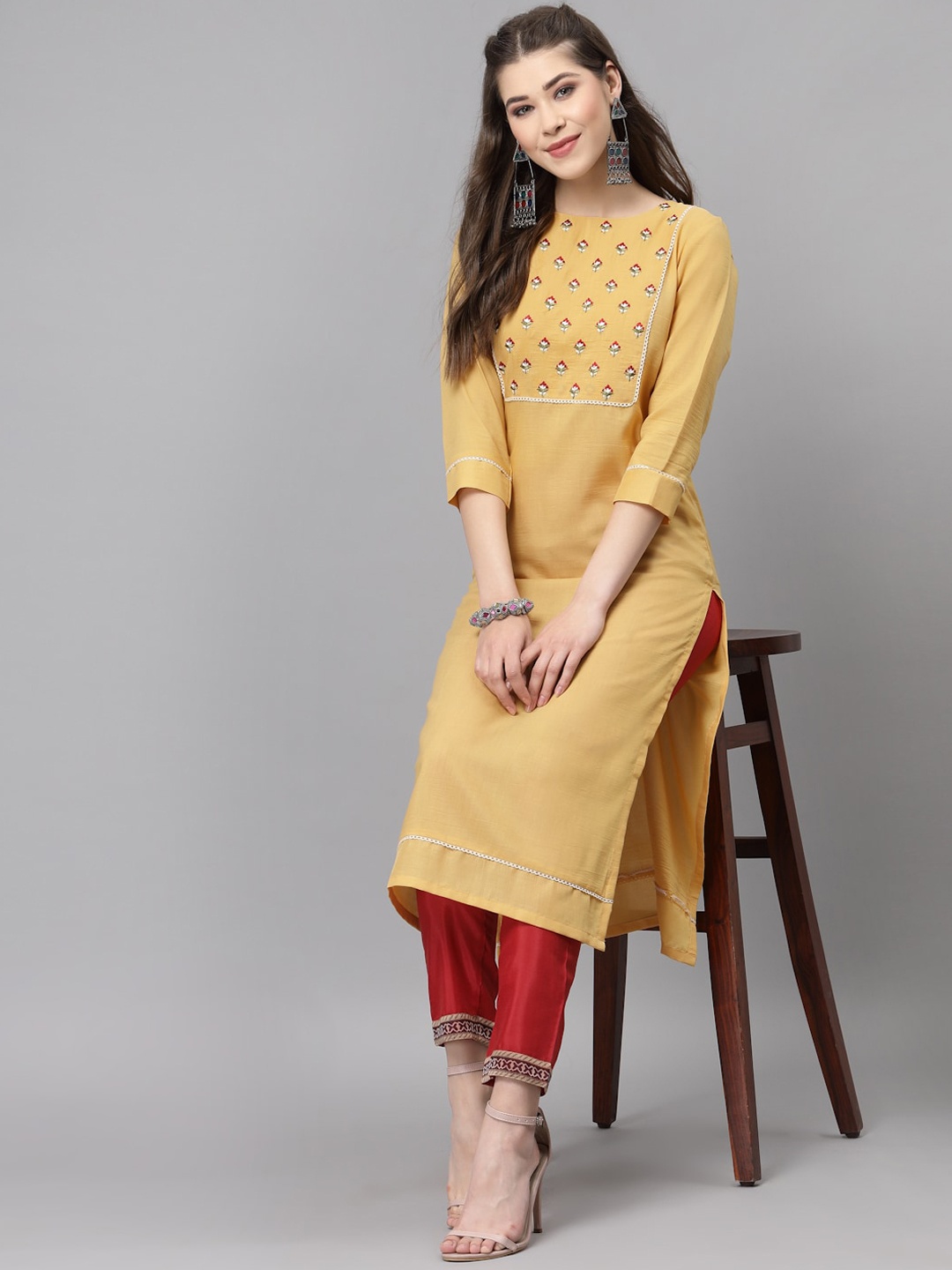 

KALINI Women Yellow Cotton Silk Embroidered Kurta