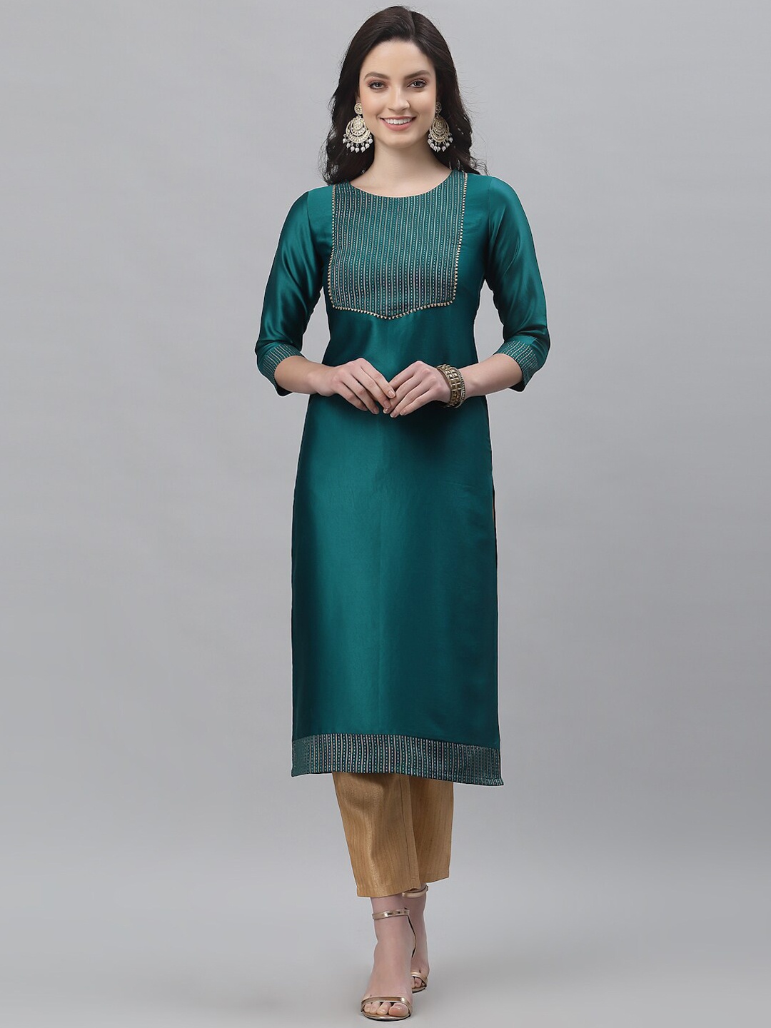 

KALINI Women Teal Green Satin Printed Kurta