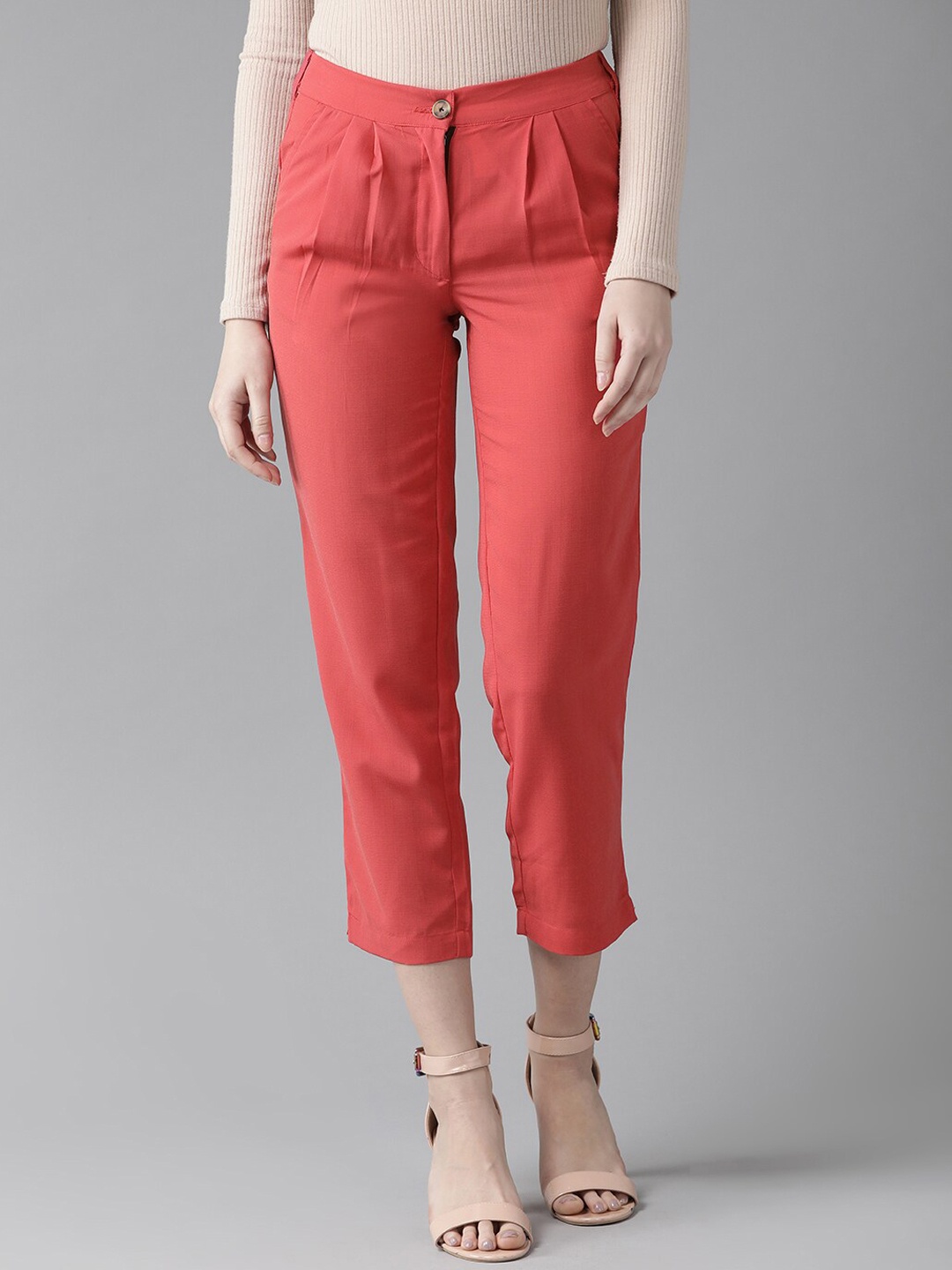 

Hubberholme Women Coral Comfort Slim Fit High-Rise Chinos Trousers