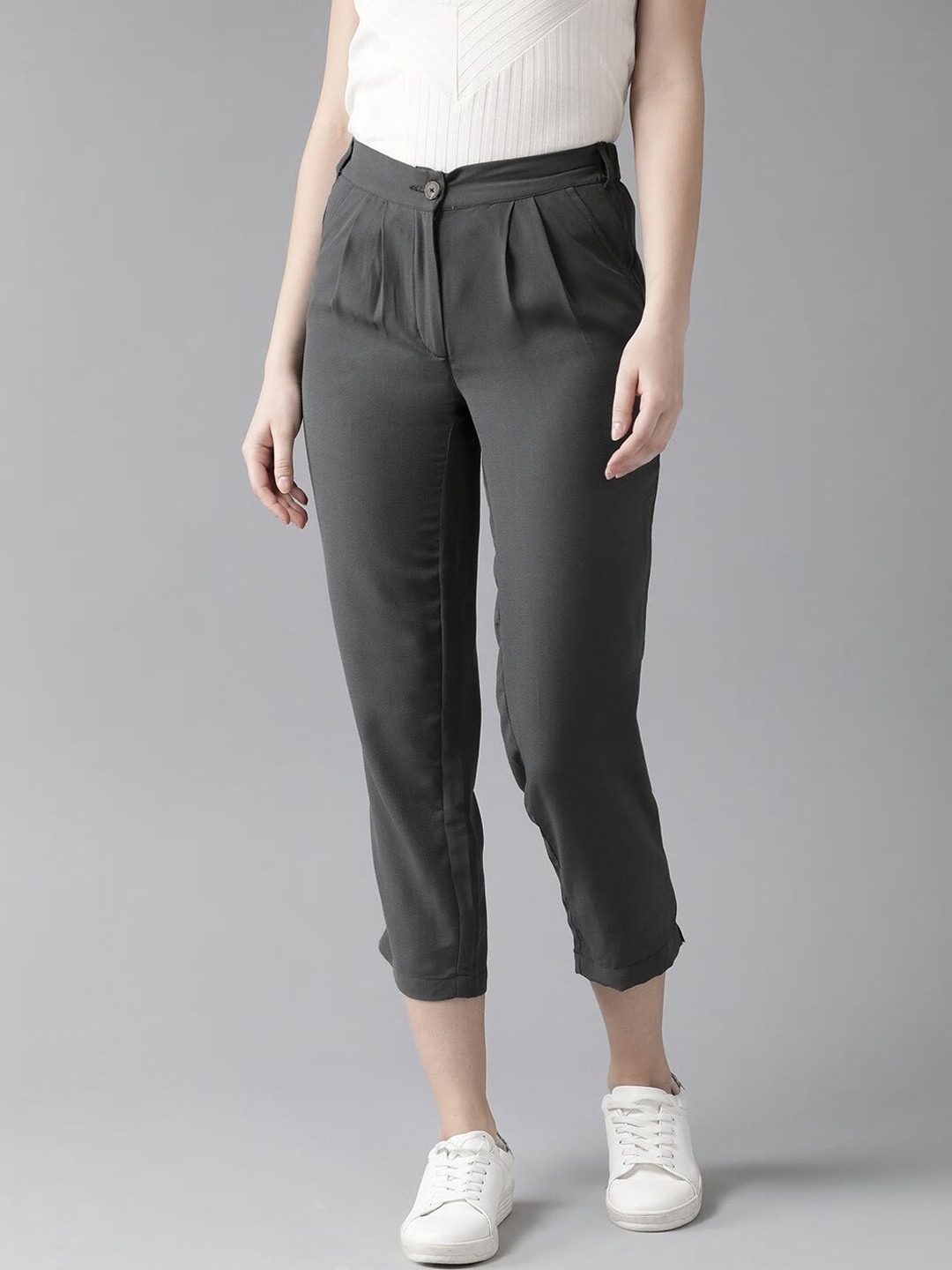

Hubberholme Women Charcoal Comfort Slim Fit High-Rise Trousers