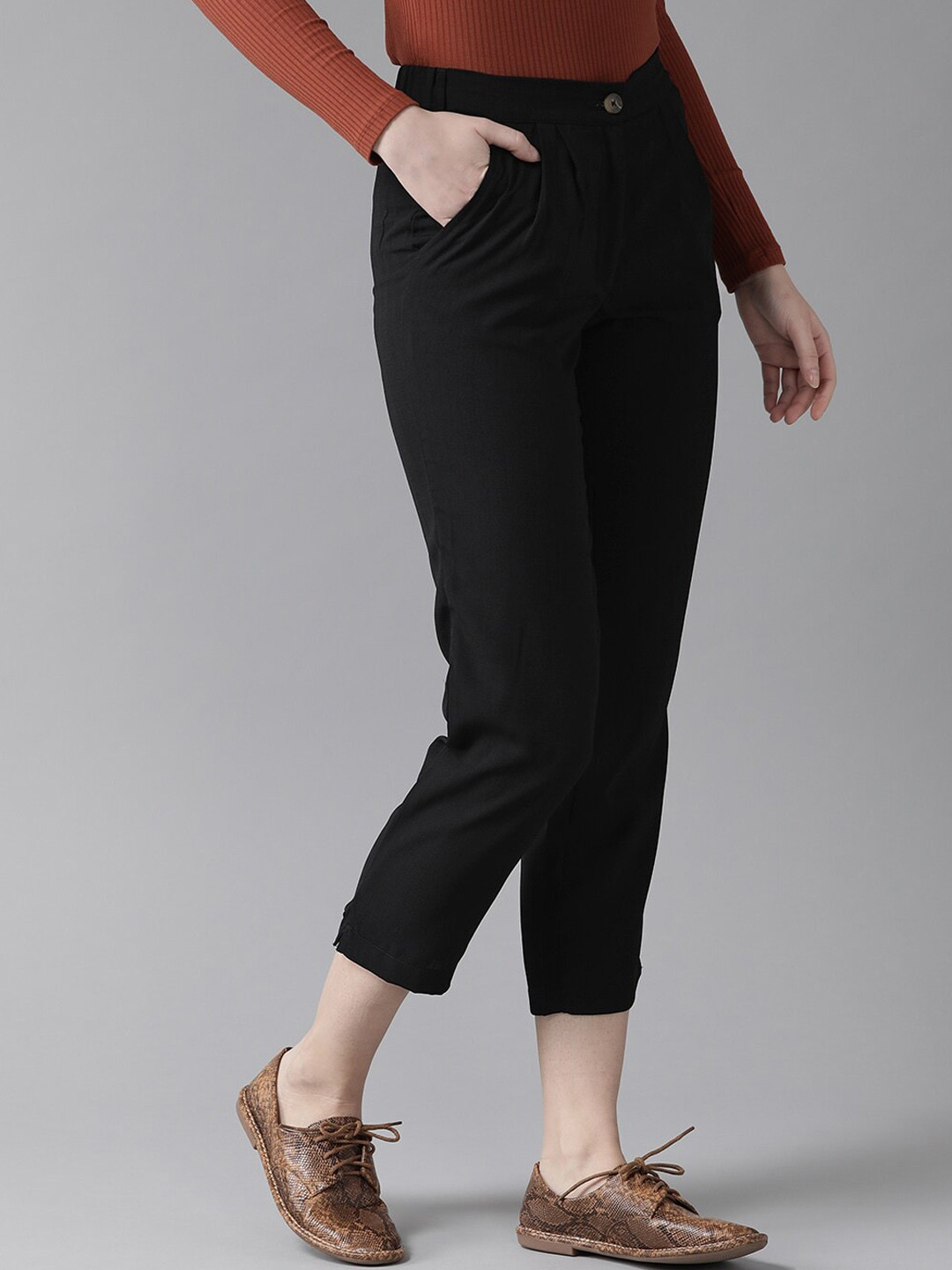 

Hubberholme Women Black Comfort Slim Fit High-Rise Easy Wash Trousers