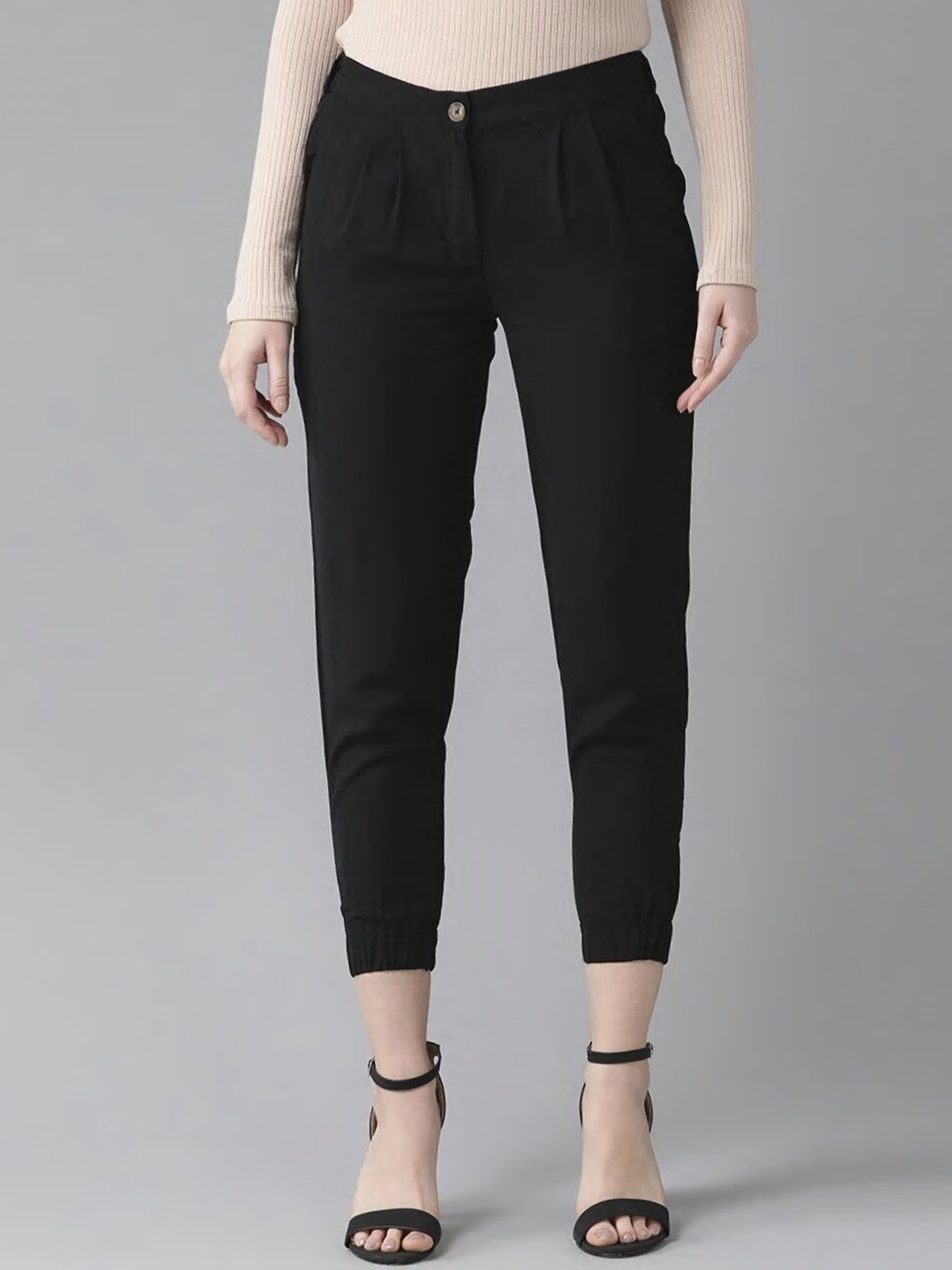 

Hubberholme Women Black Comfort Slim Fit High-Rise Easy Wash Trousers