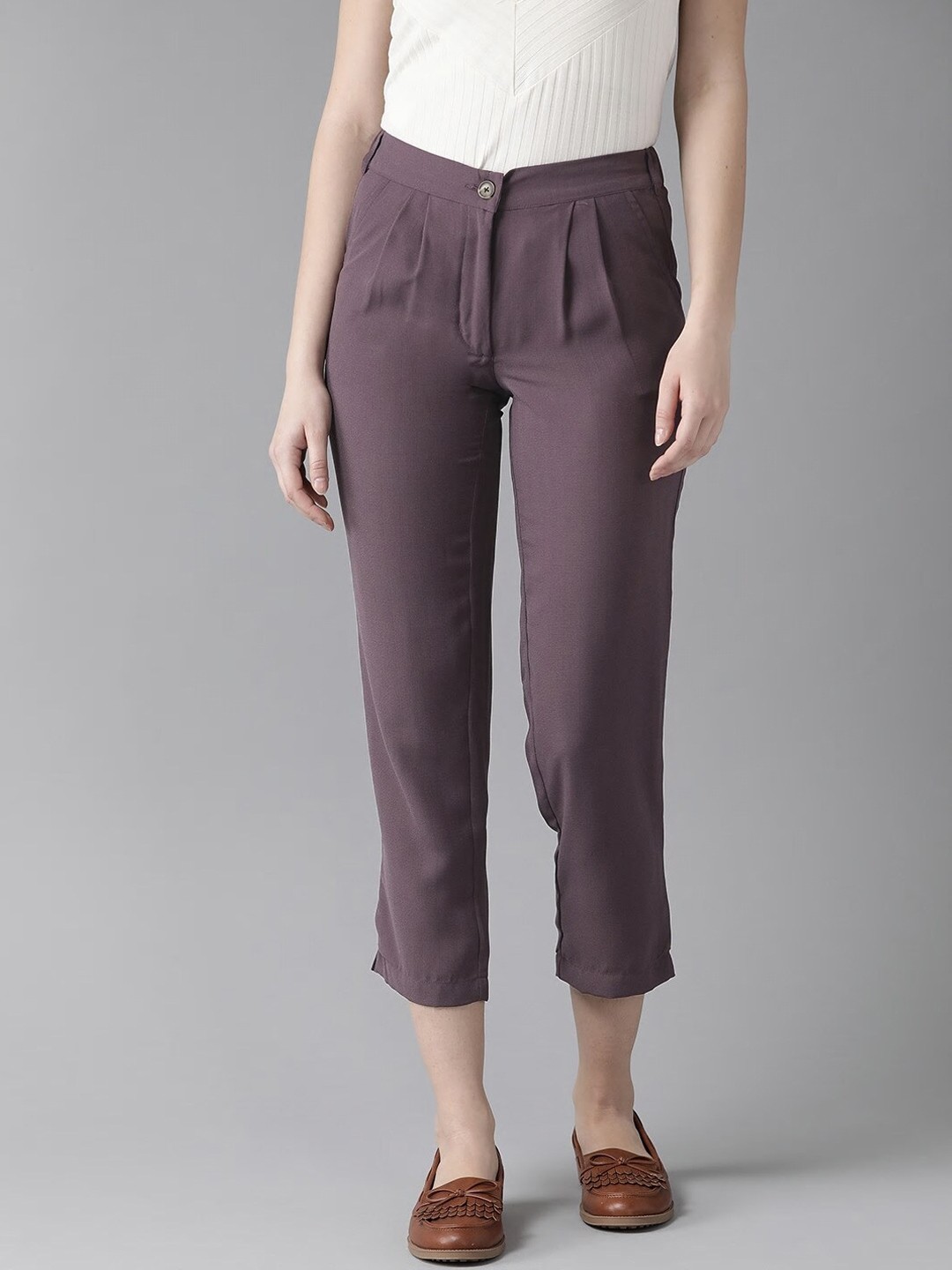 

Hubberholme Women Mauve Comfort Slim Fit High-Rise Easy Wash Pleated Trousers