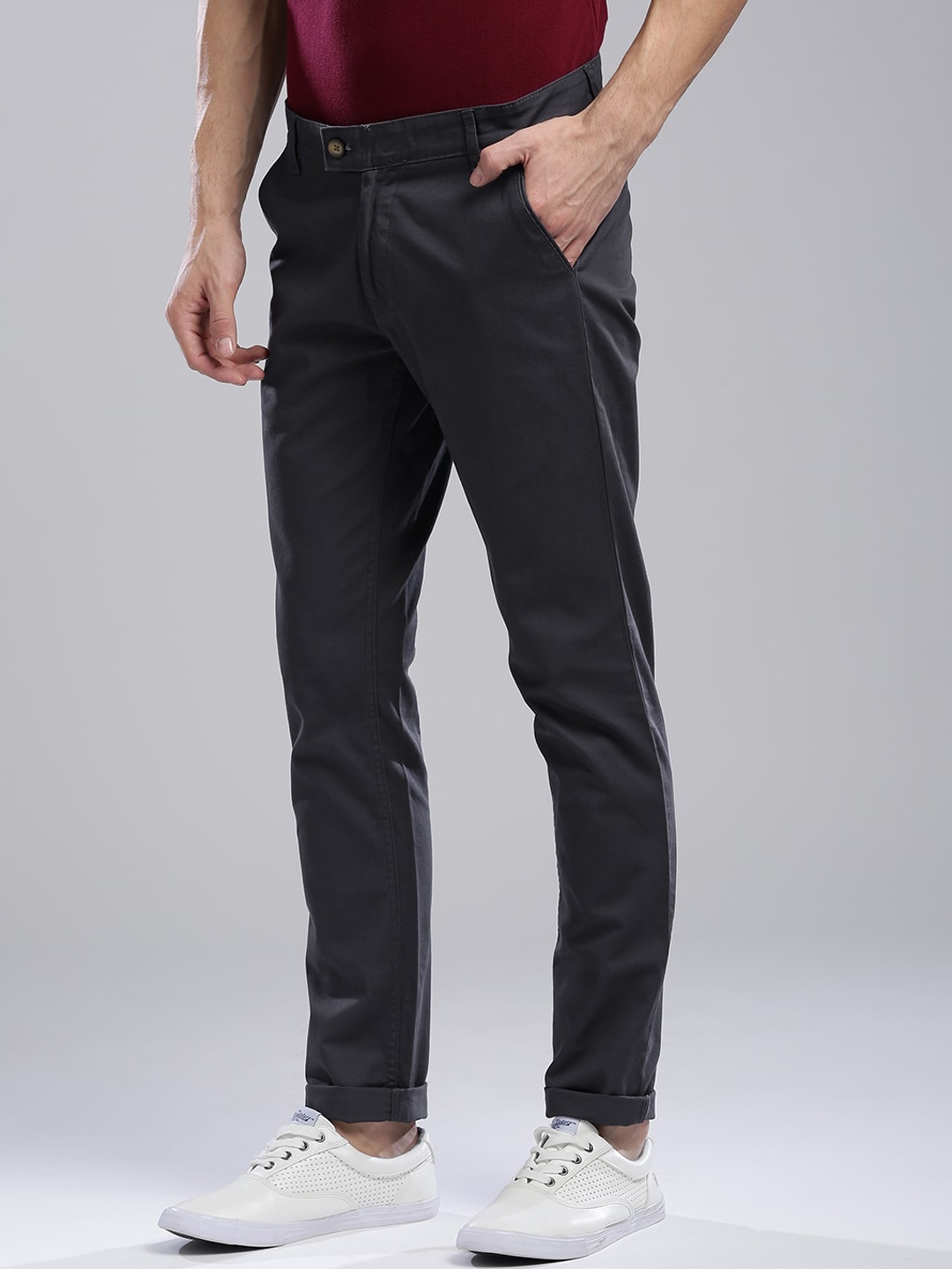 

Hubberholme Men Charcoal Comfort Slim Fit Easy Wash Chinos Trousers