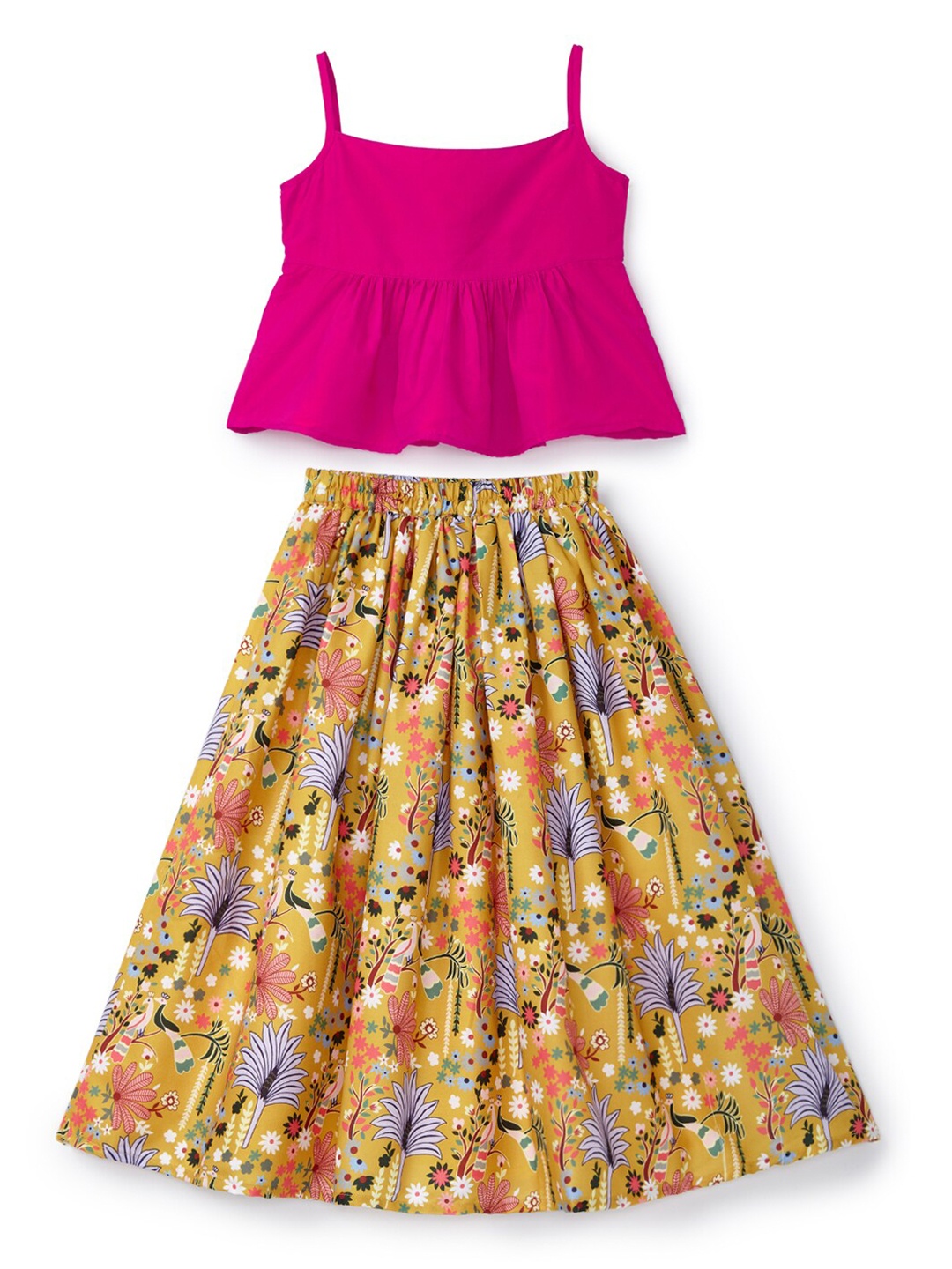 

YK Girls Pink & Yellow Ready to Wear Floral Printed Lehenga & Choli