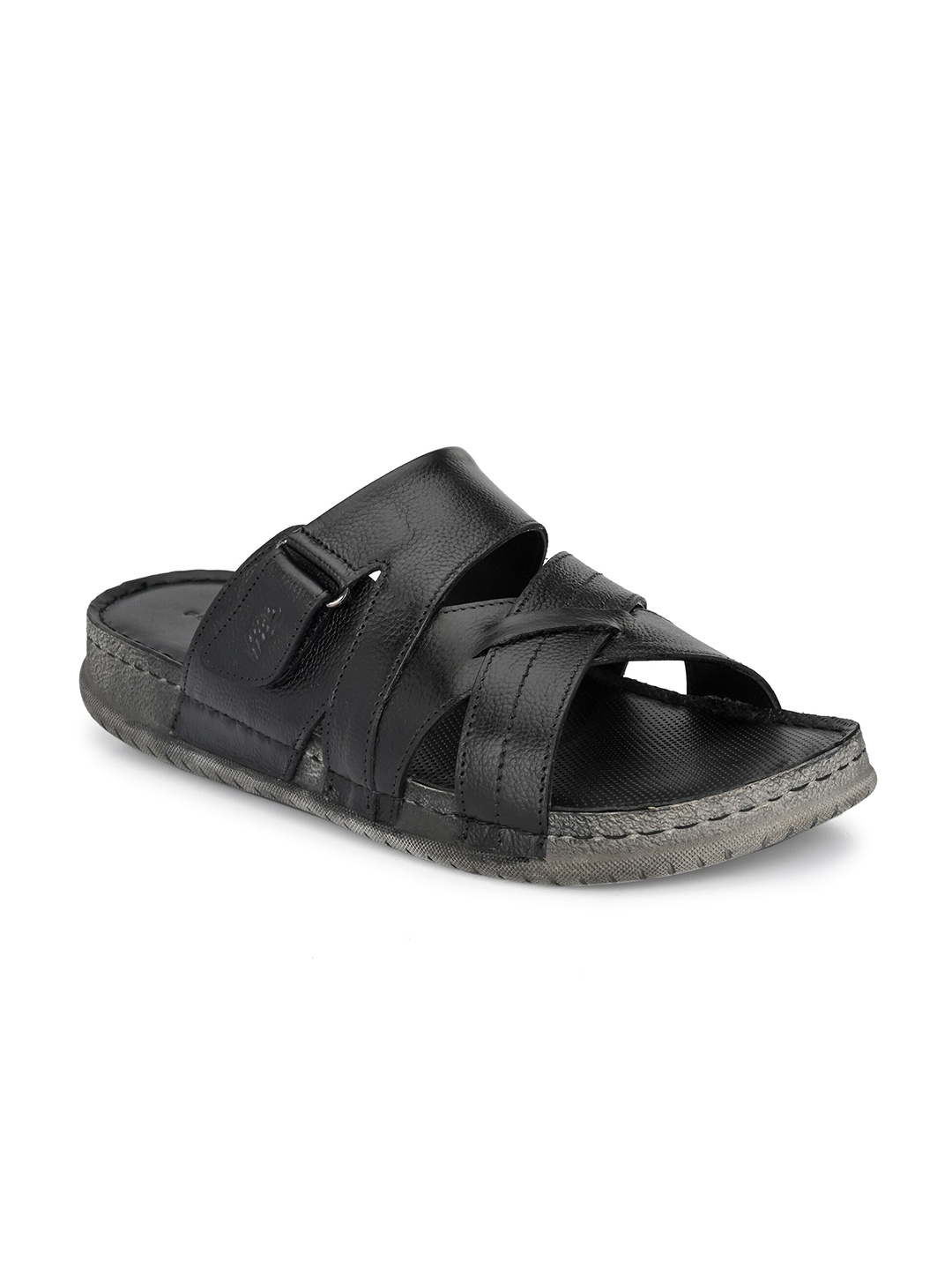 

Hitz Men Black Leather Daily Wear Comfort Sandals