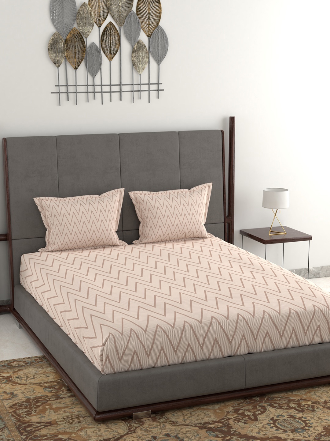 

Trident Peach-Coloured Geometric 160 TC Cotton King Bedsheet with 2 Pillow Covers