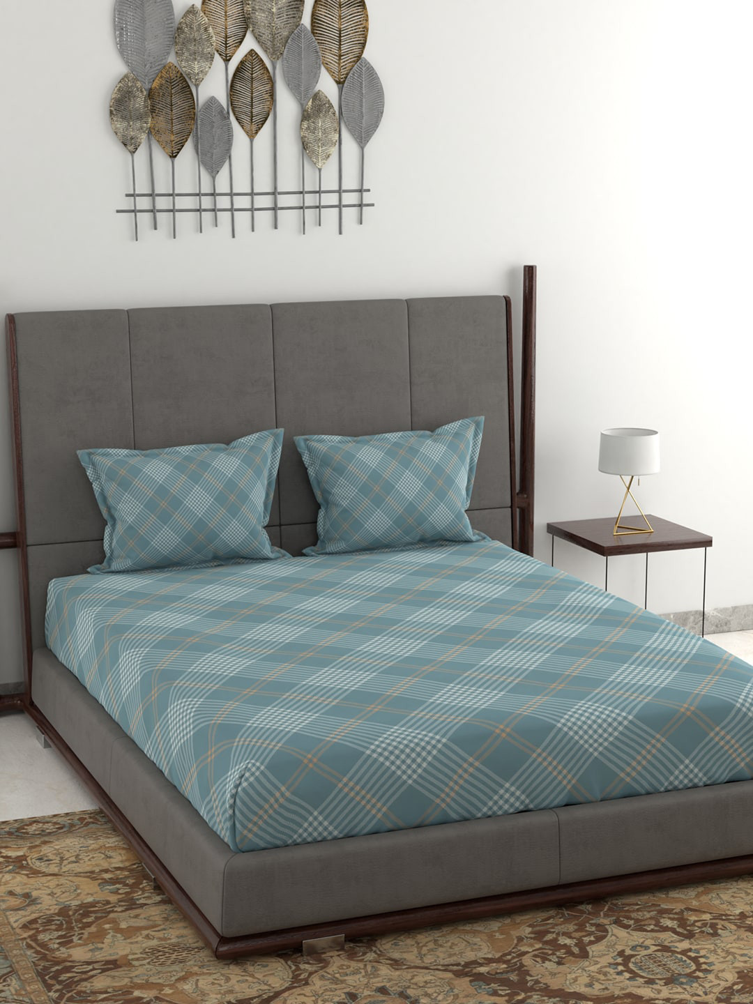 

Trident Blue & White Checked Cotton 160 GSM King Bedding Set