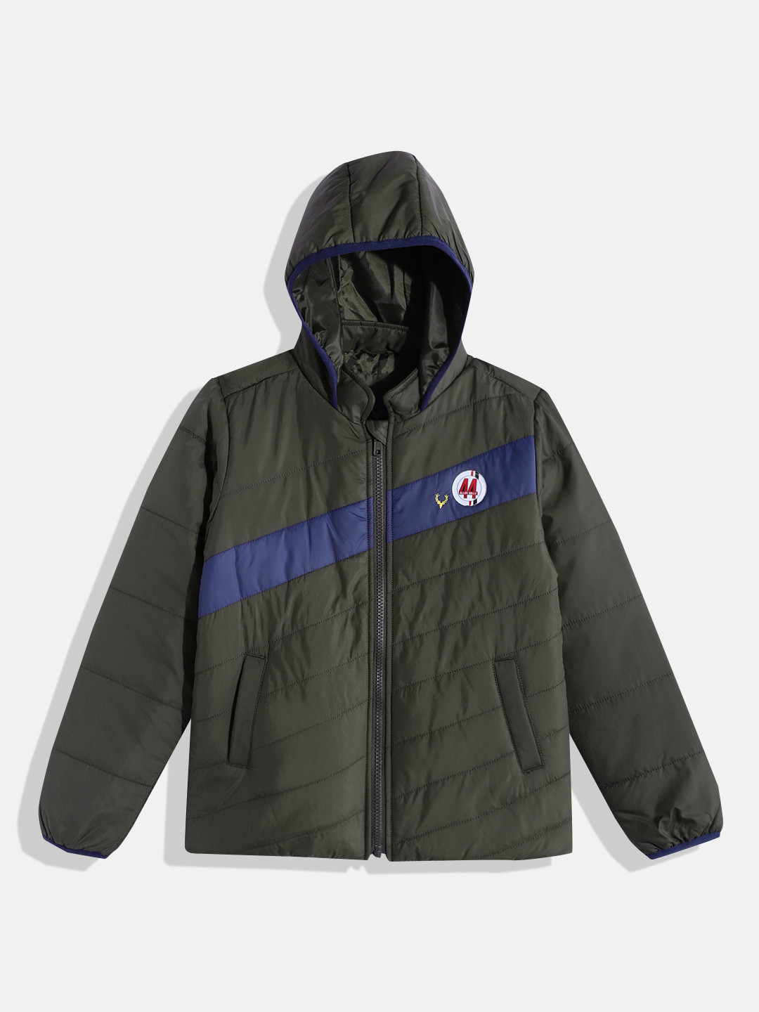 

Allen Solly Junior Boys Olive Green & Navy Blue Striped Hooded Padded Jacket