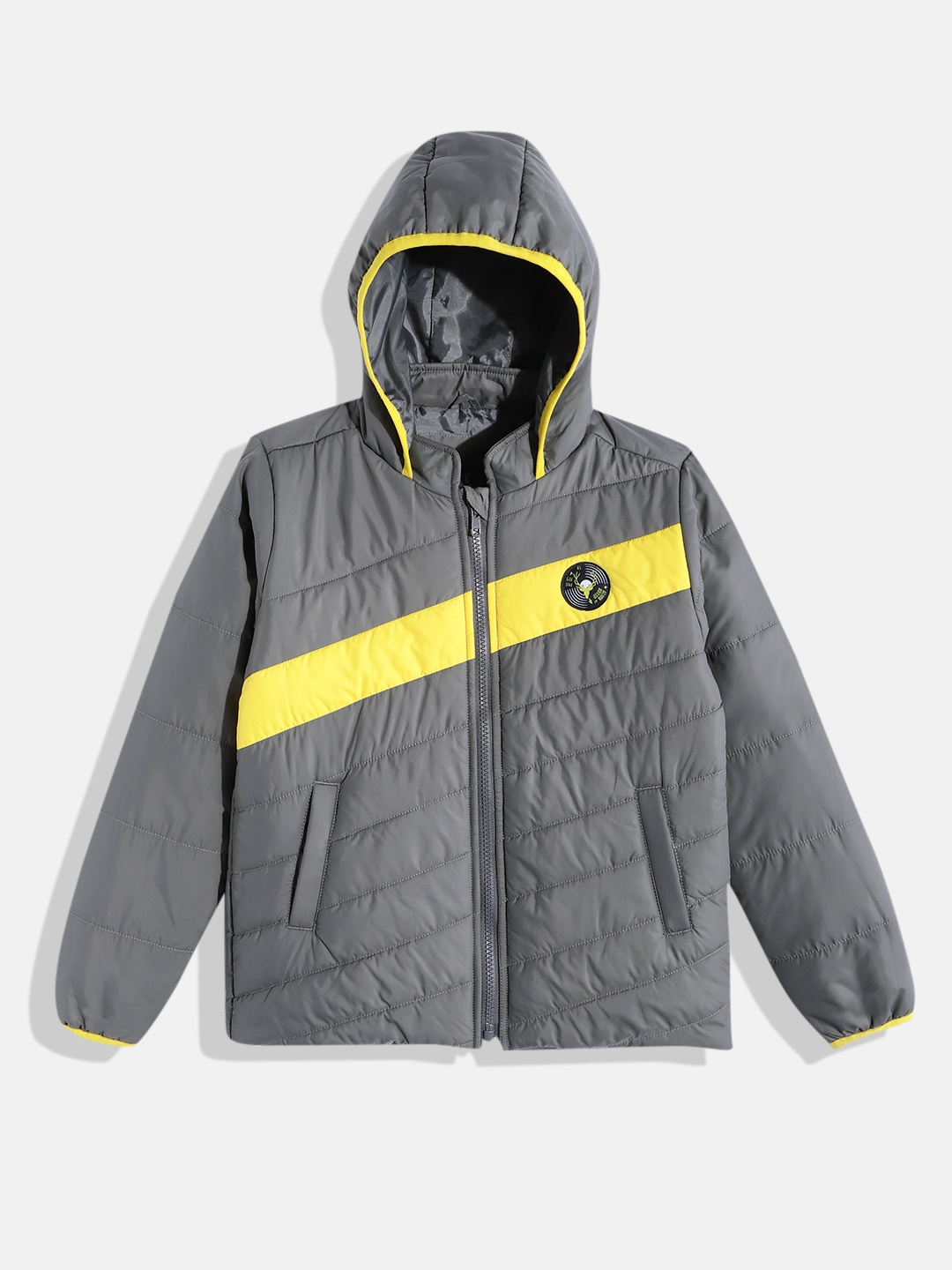 

Allen Solly Junior Boys Grey & Yellow Striped Hooded Padded Jacket