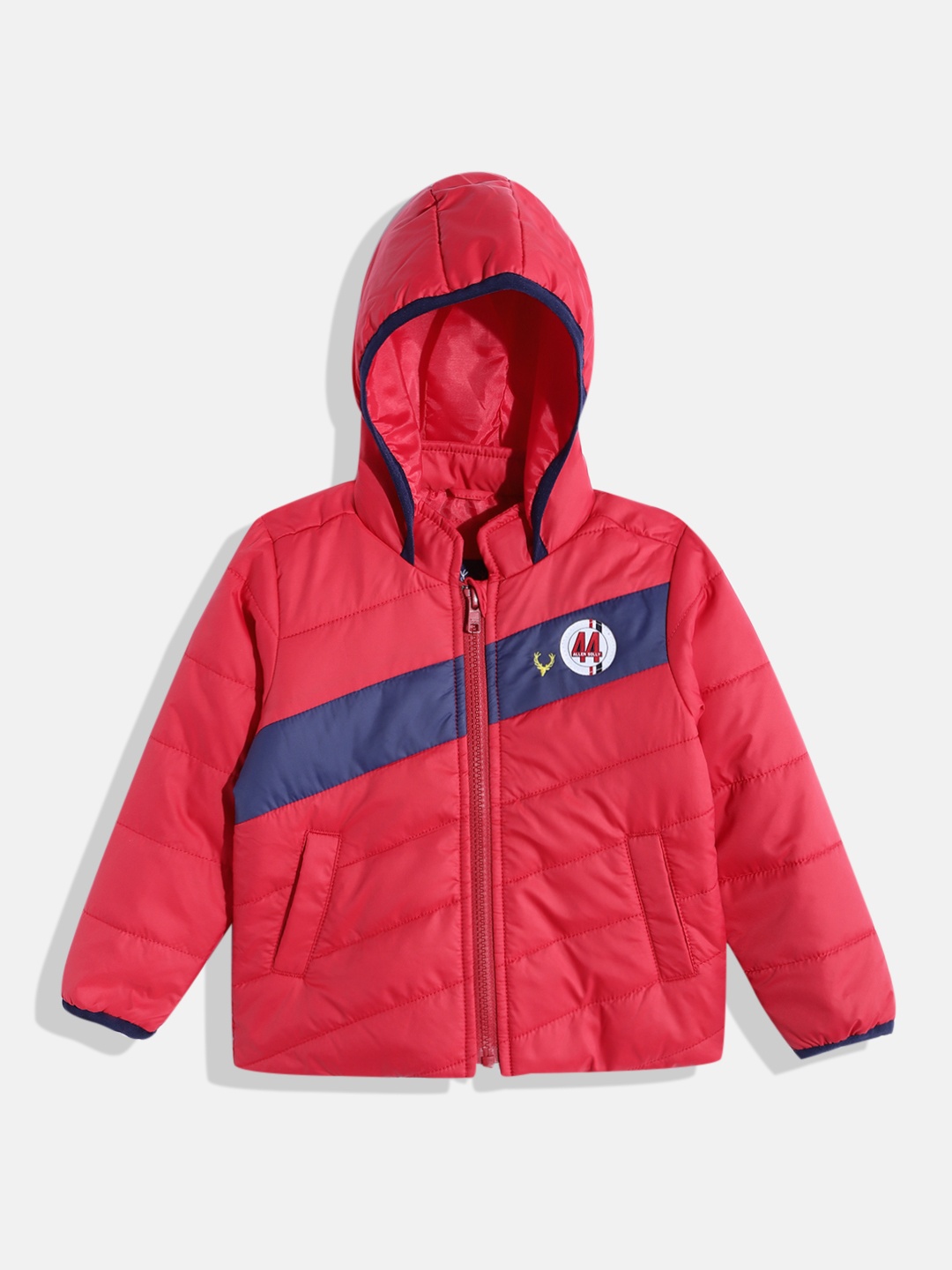 

Allen Solly Junior Boys Red & Navy Blue Striped Hooded Padded Jacket