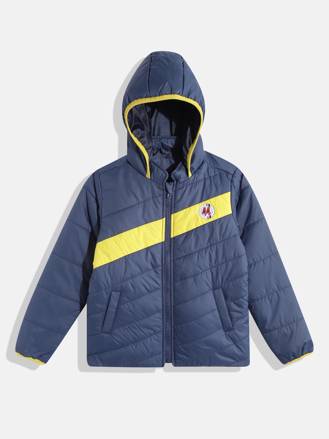 

Allen Solly Junior Boys Navy Blue & Yellow Colourblocked Padded Jacket