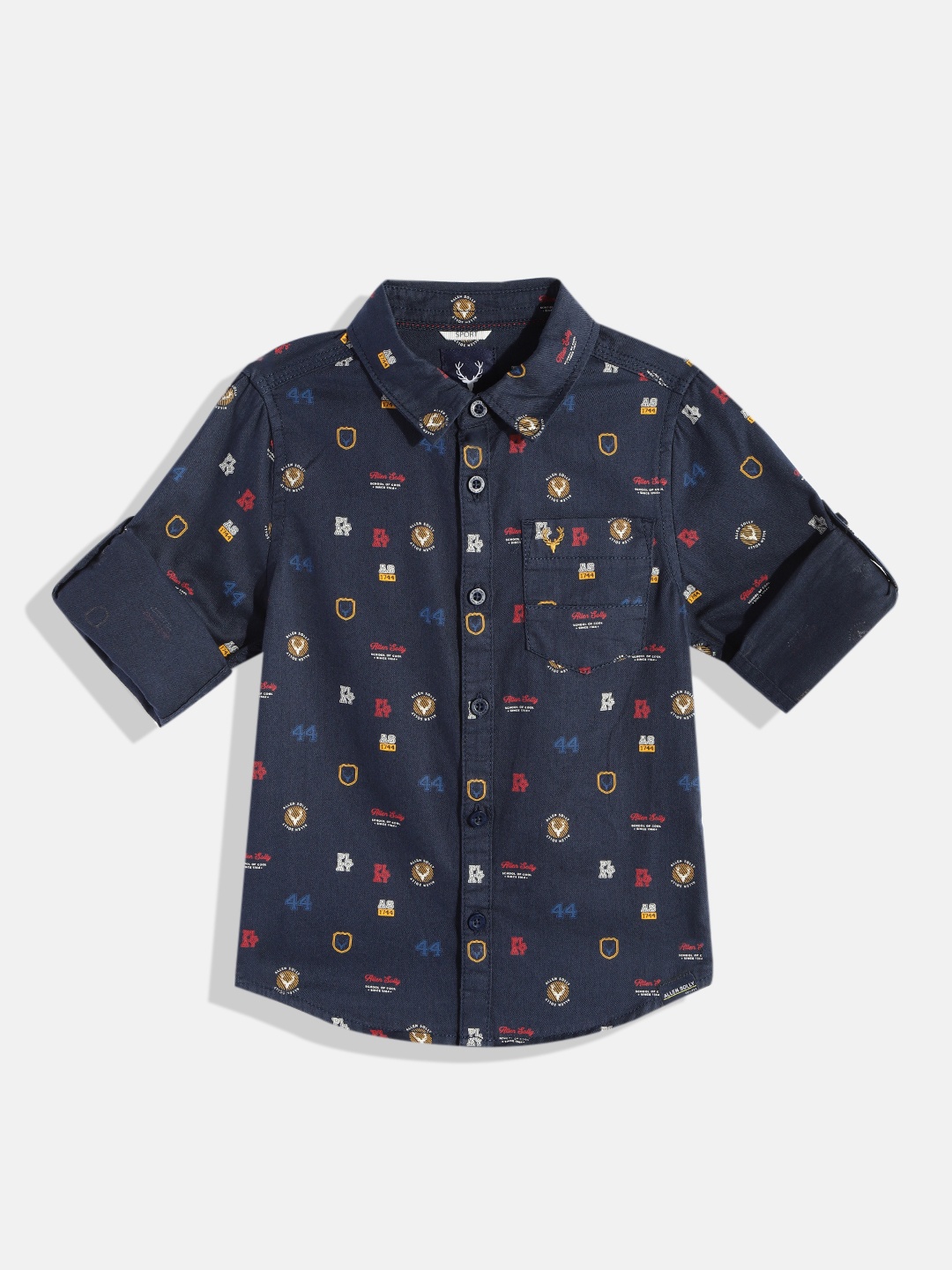

Allen Solly Junior Boys Navy Blue Typography Printed Pure Cotton Casual Shirt