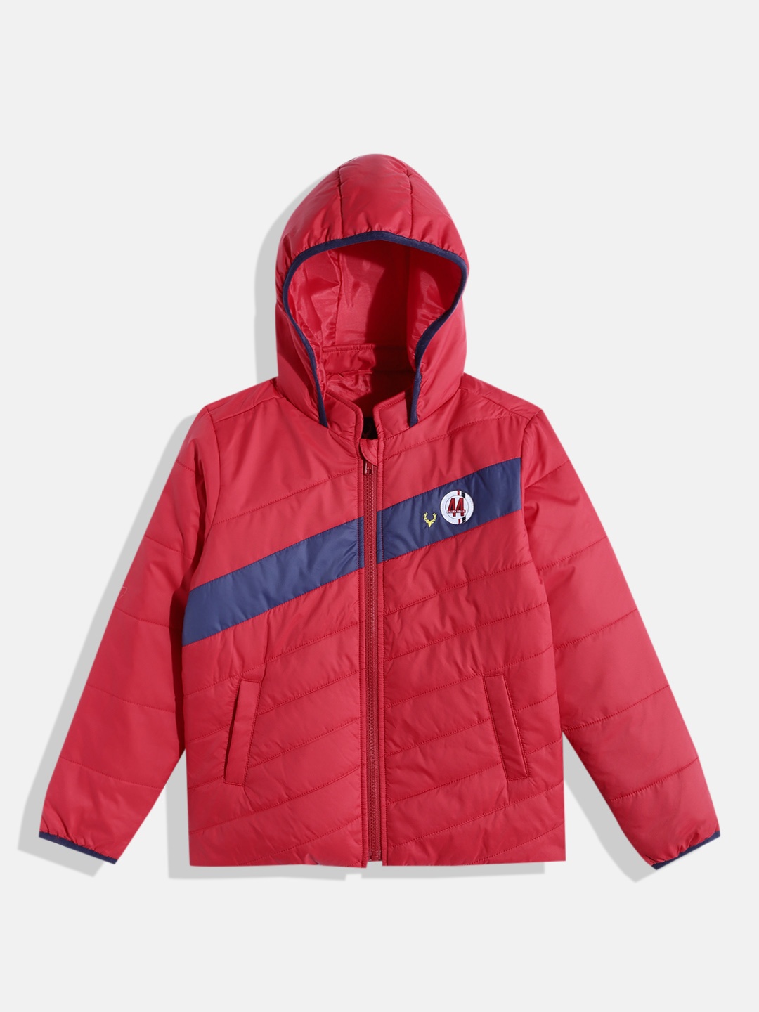 

Allen Solly Junior Boys Red & Navy Blue Striped Hooded Padded Jacket