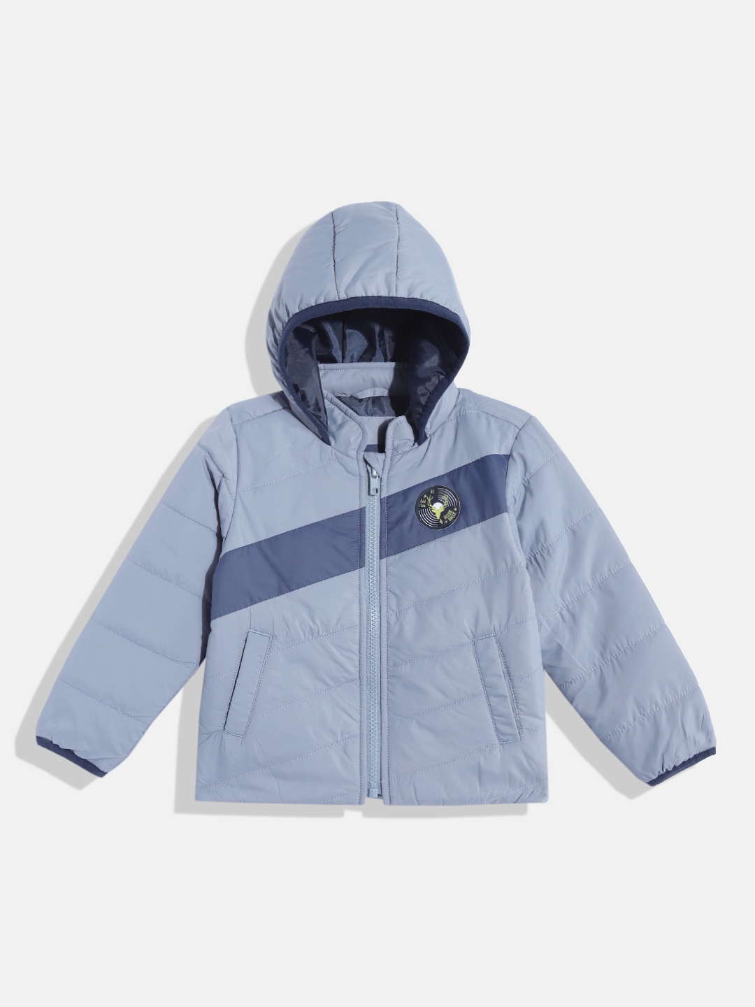 

Allen Solly Junior Boys Grey & Navy Blue Striped Hooded Padded Jacket