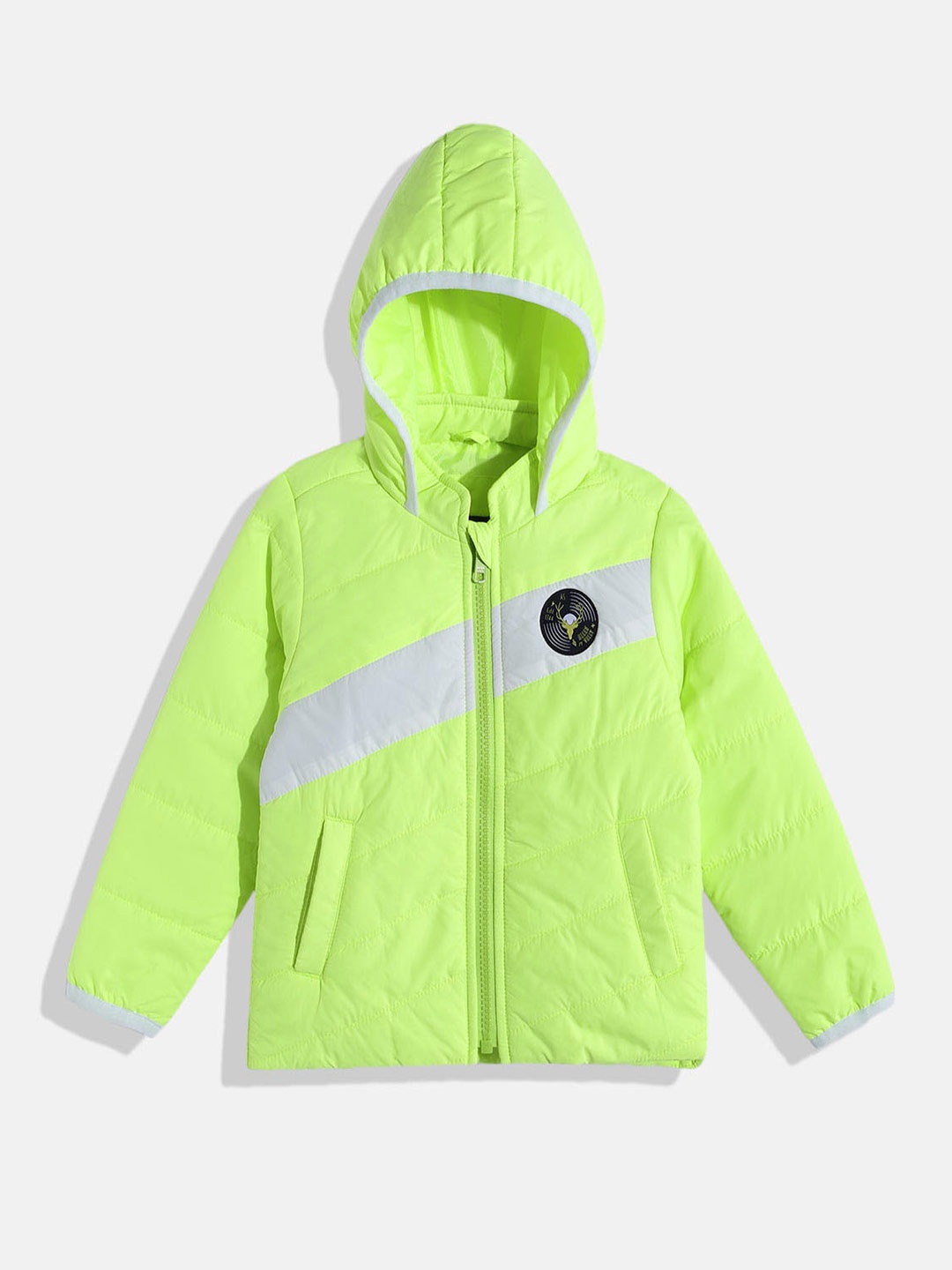 

Allen Solly Junior Boys Fluorescent Green & Grey Striped Hooded Padded Jacket