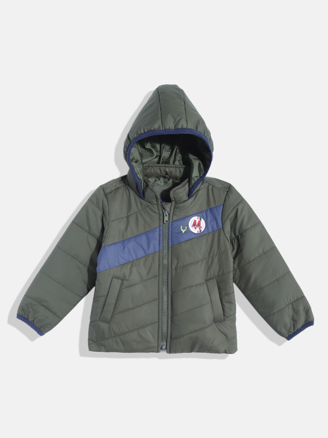 

Allen Solly Junior Boys Olive Green & Navy Blue Striped Hooded Padded Jacket