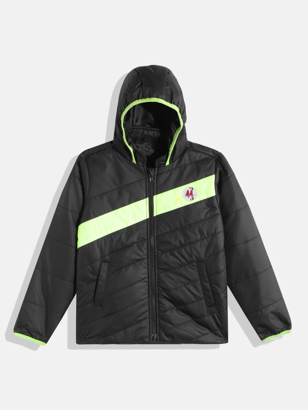 

Allen Solly Junior Boys Black & Fluorescent Green Striped Hooded Padded Jacket