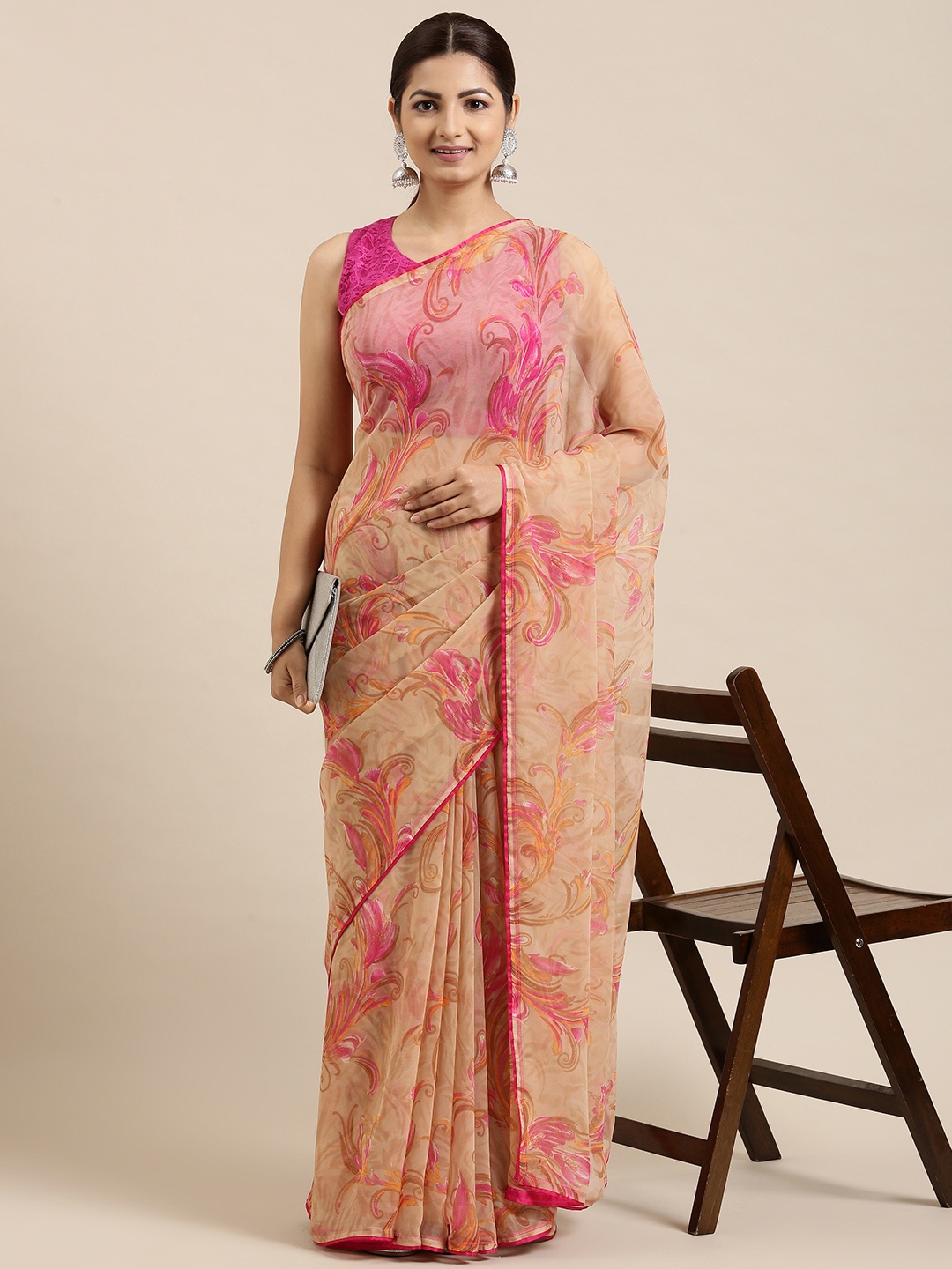 

Pothys Beige & Pink Floral Pure Chiffon Saree