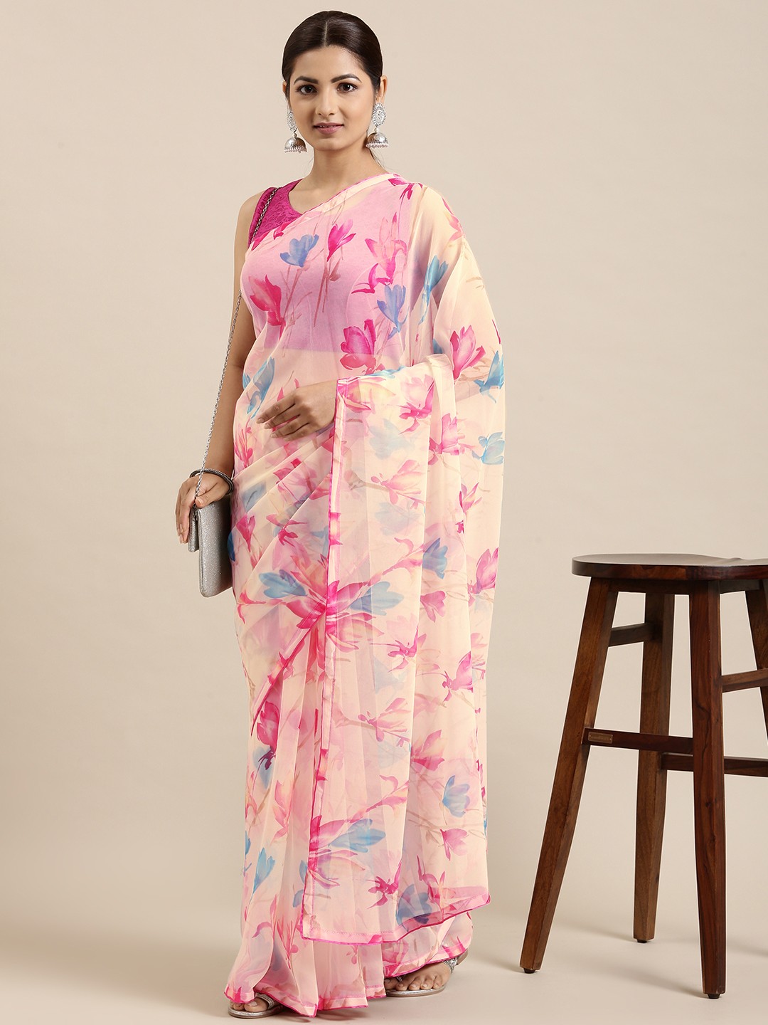 

Pothys White & Pink Floral Pure Chiffon Saree