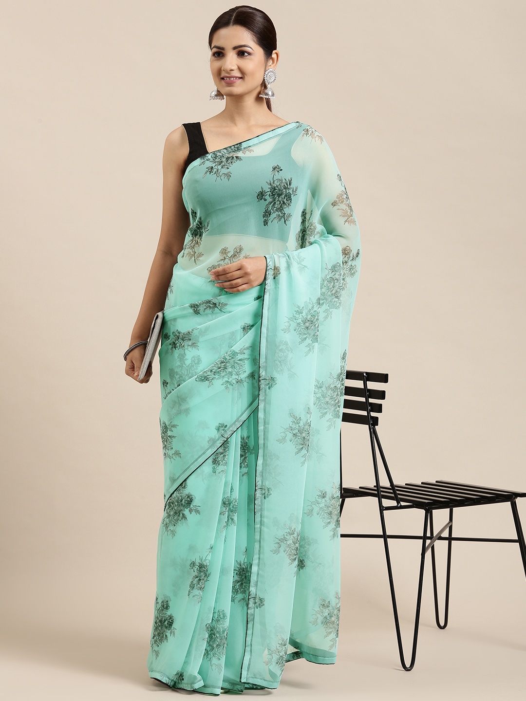 

Pothys Turquoise Blue Floral Pure Chiffon Saree