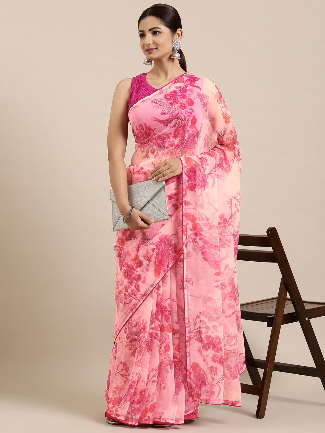 

Pothys Pink Floral Pure Chiffon Saree