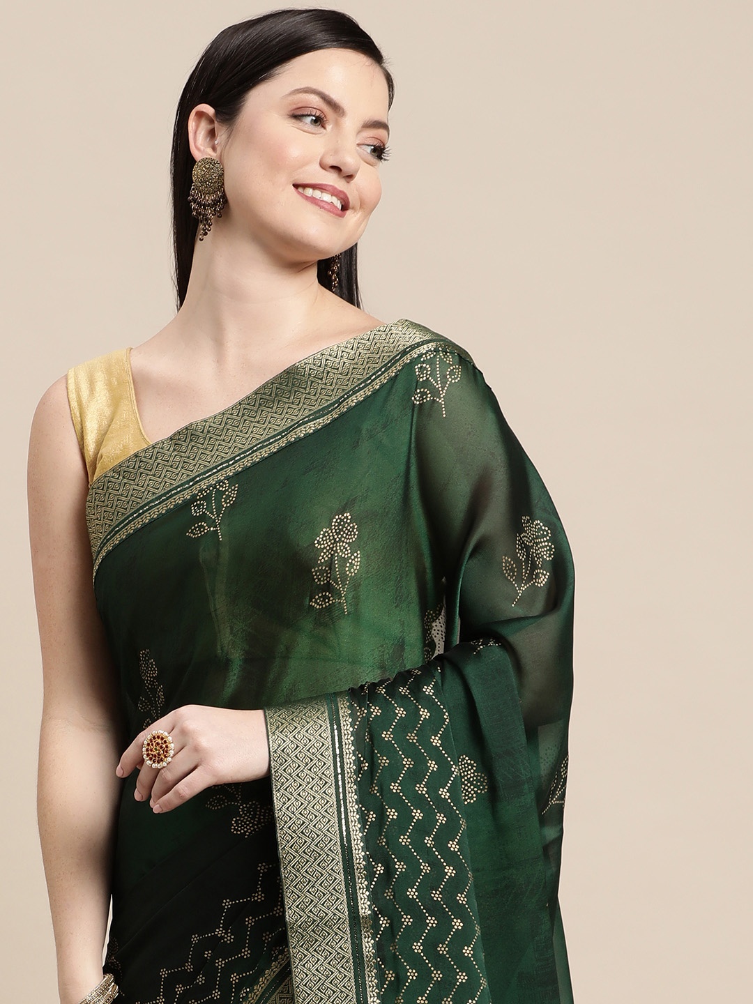 

Pothys Green & Gold-Toned Floral Woven Design Pure Chiffon Saree