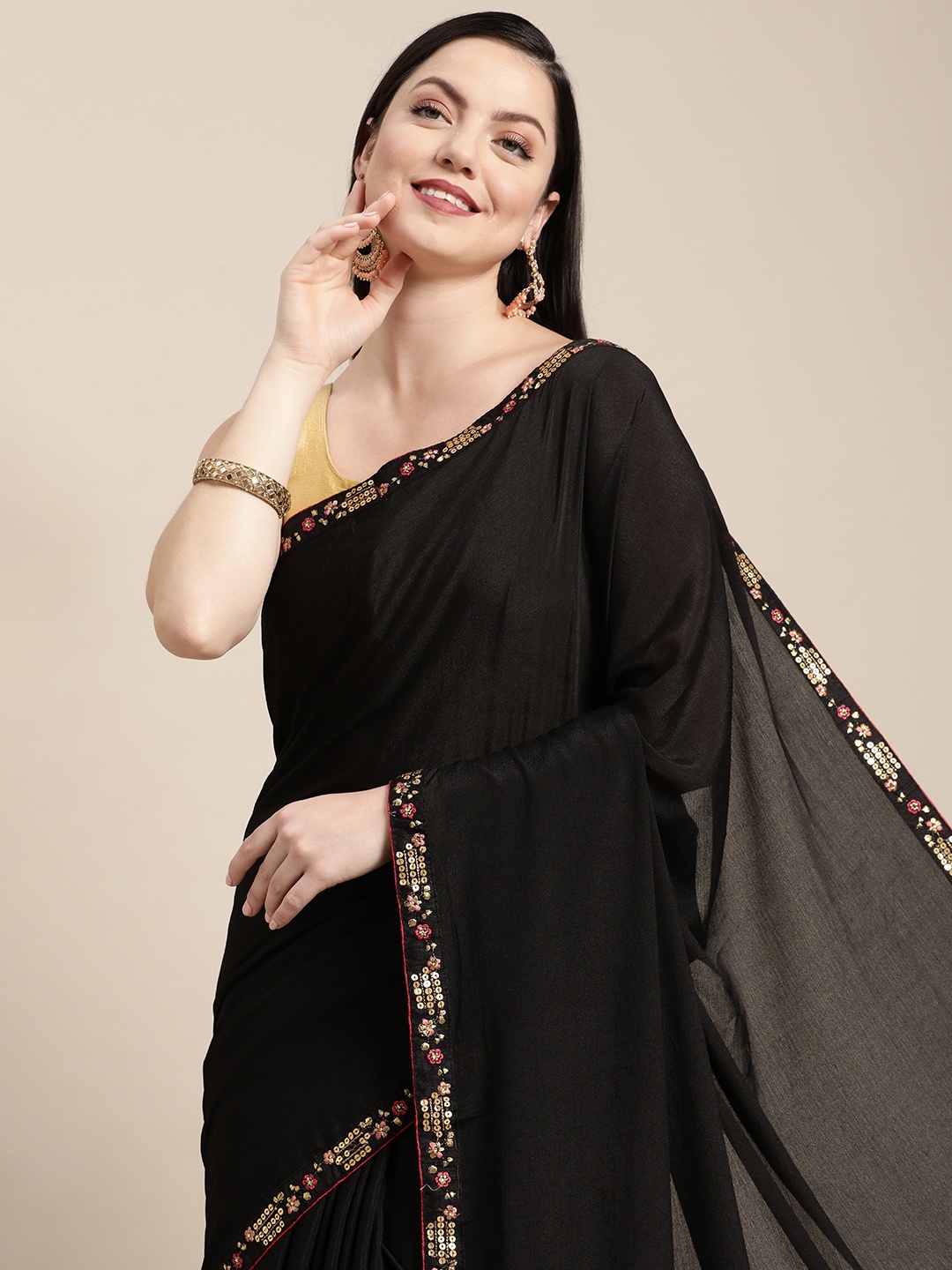 

Pothys Black Sequinned Embellished Pure Chiffon Saree
