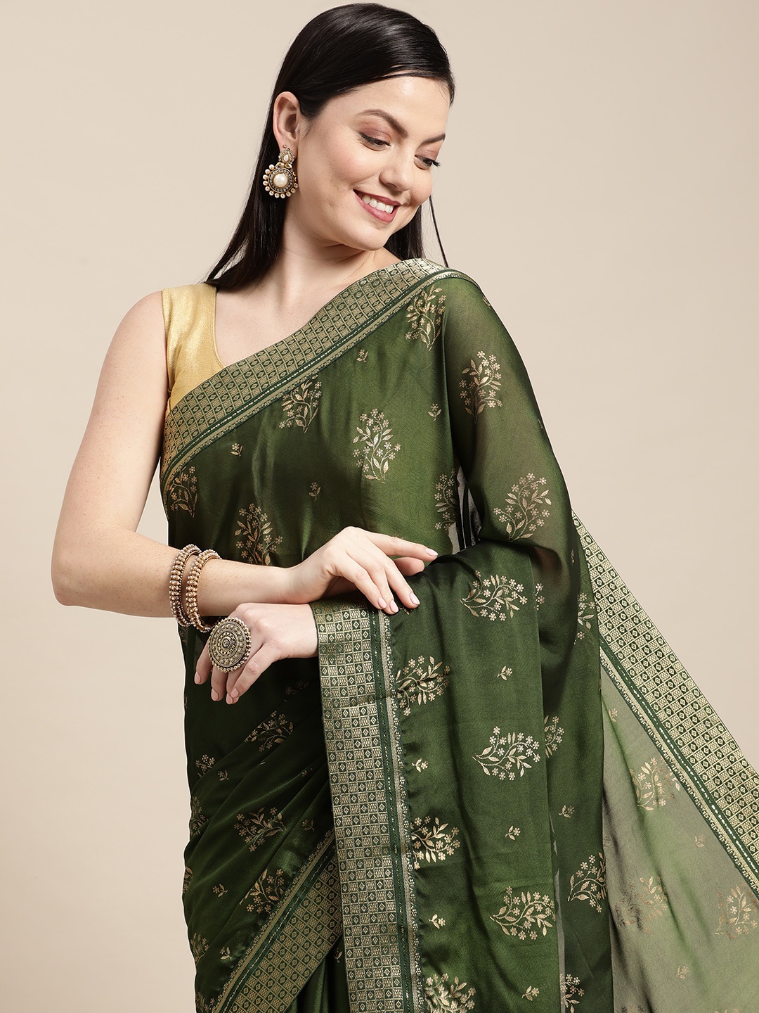 

Pothys Green & Gold-Toned Ethnic Motifs Woven Design Pure Chiffon Saree