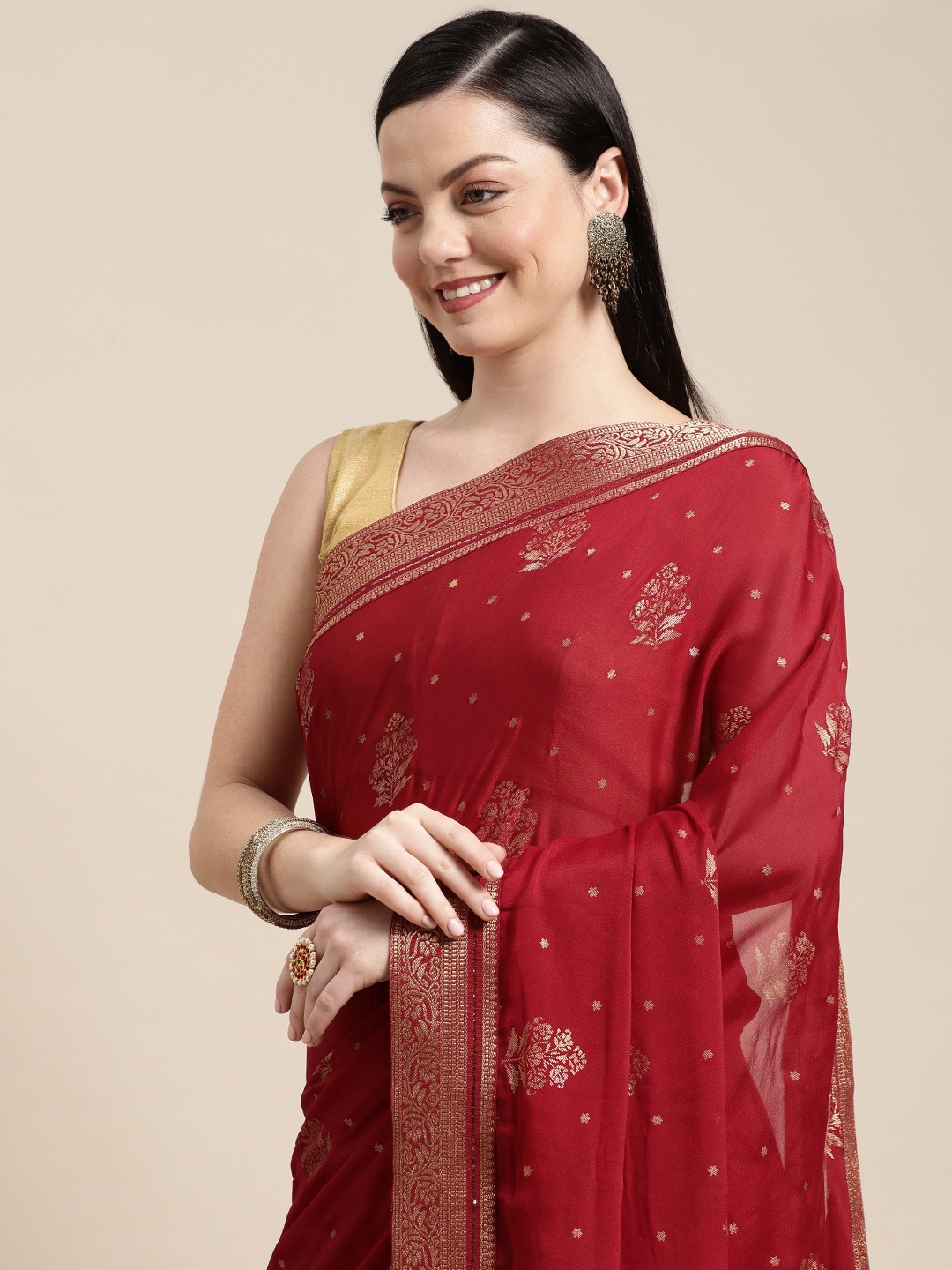 

Pothys Maroon & Gold-Toned Ethnic Motifs Woven Design Pure Chiffon Saree