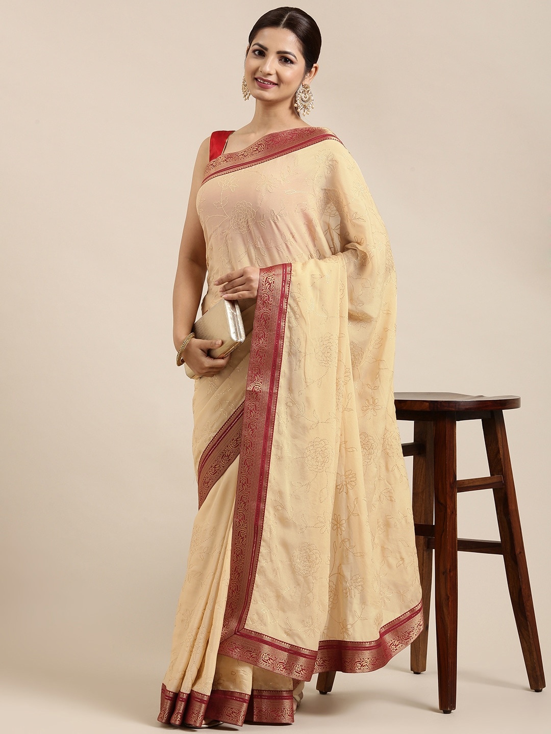 

Pothys Beige & Maroon Floral Sequinned Pure Chiffon Saree