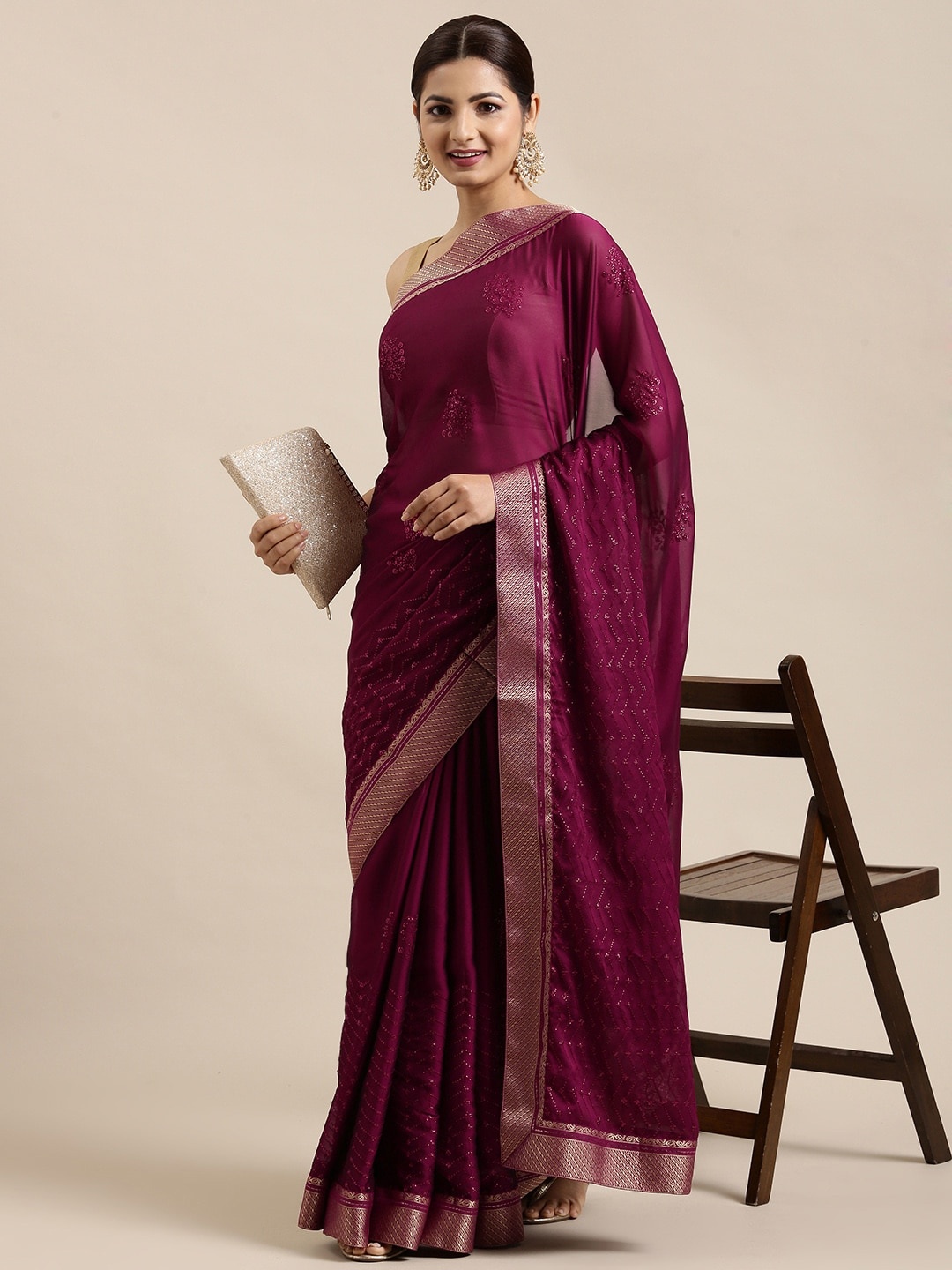 

Pothys Purple Floral Sequinned Pure Chiffon Saree